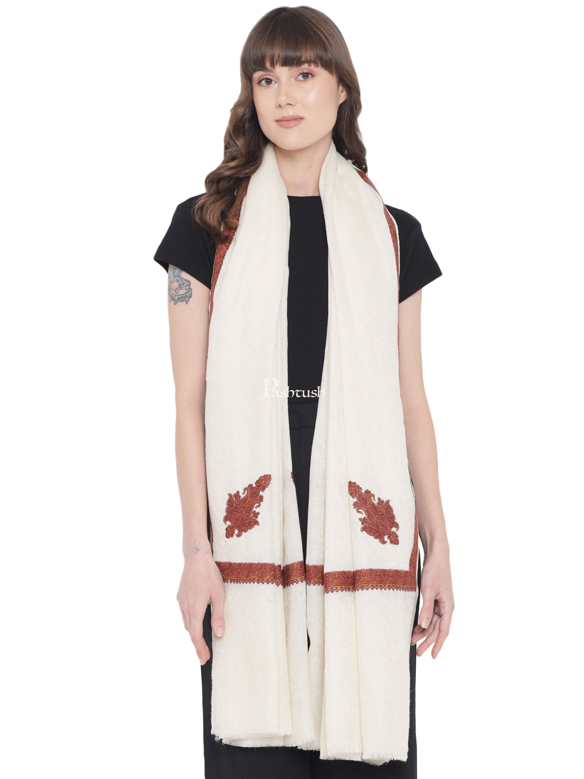 Pashtush India Womens Shawls Pashtush Women's Kingri Border Embroidery Shawl, Fine Wool, Ivory