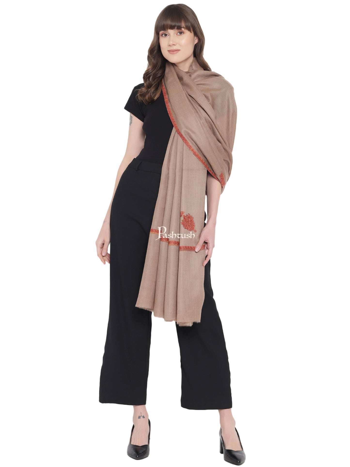 Pashtush India Womens Shawls Pashtush Women's Kingri Border Embroidery Shawl, Fine Wool, Taupe