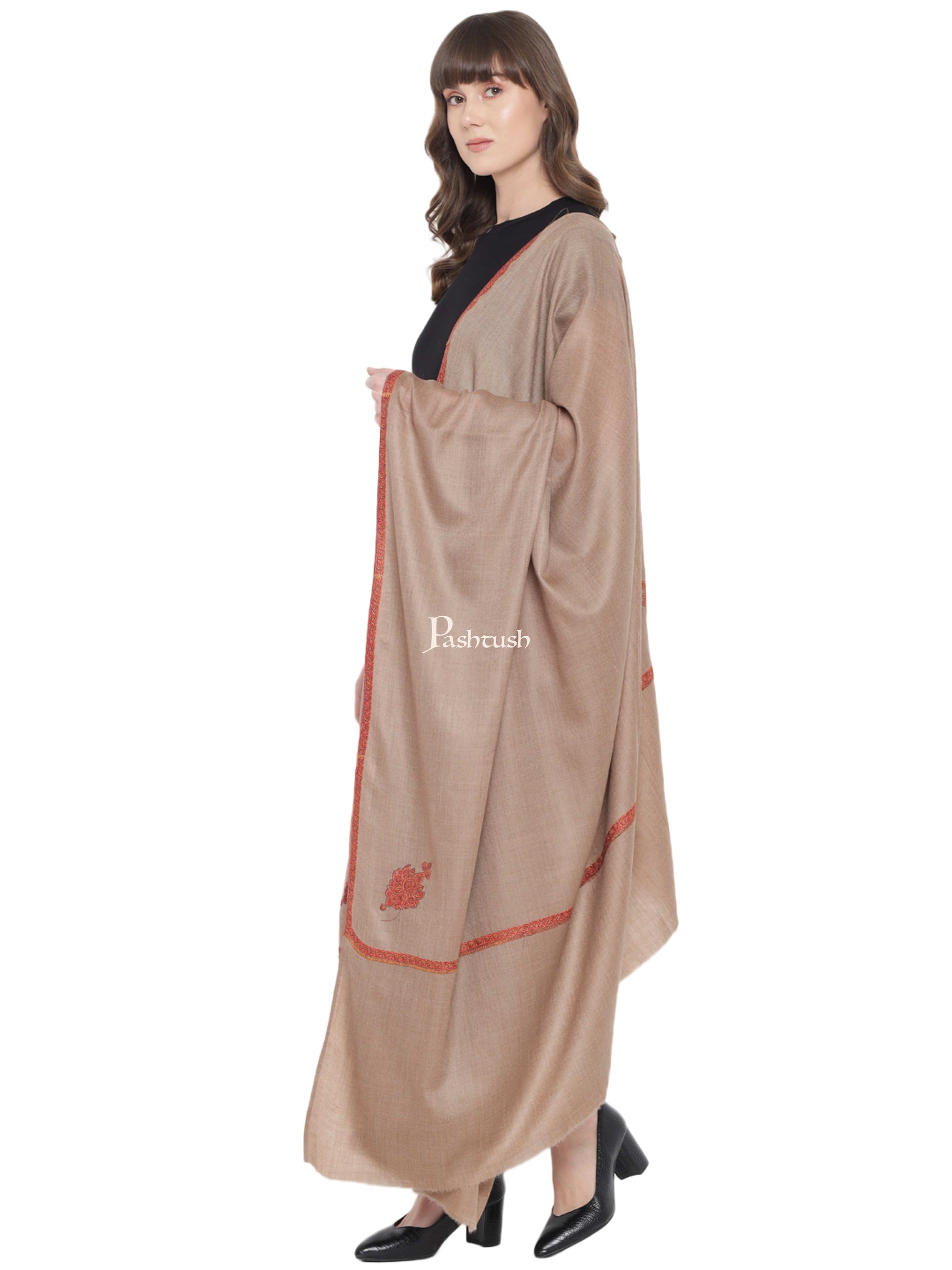 Pashtush India Womens Shawls Pashtush Women's Kingri Border Embroidery Shawl, Fine Wool, Taupe