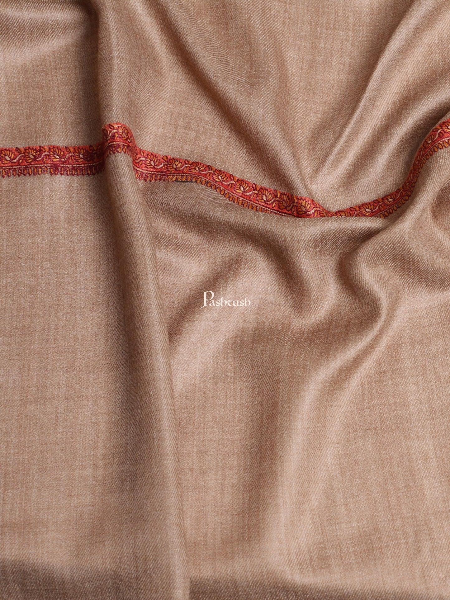 Pashtush India Womens Shawls Pashtush Women's Kingri Border Embroidery Shawl, Fine Wool, Taupe