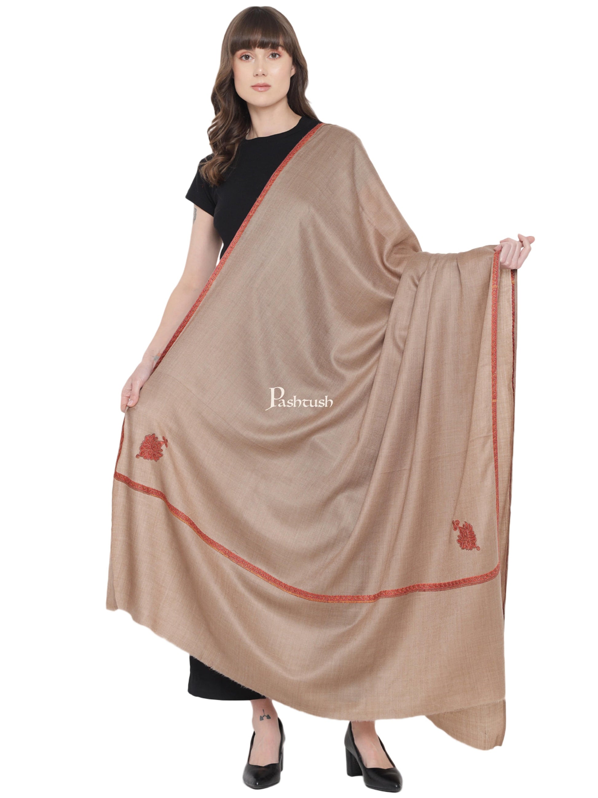 Pashtush India Womens Shawls Pashtush Women's Kingri Border Embroidery Shawl, Fine Wool, Taupe