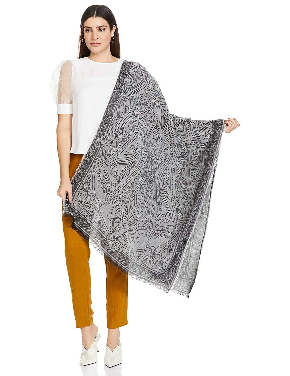 Pashtush India 70x200 Pashtush Women's Paisley Design, Soft Bamboo Scarf, Black and Grey