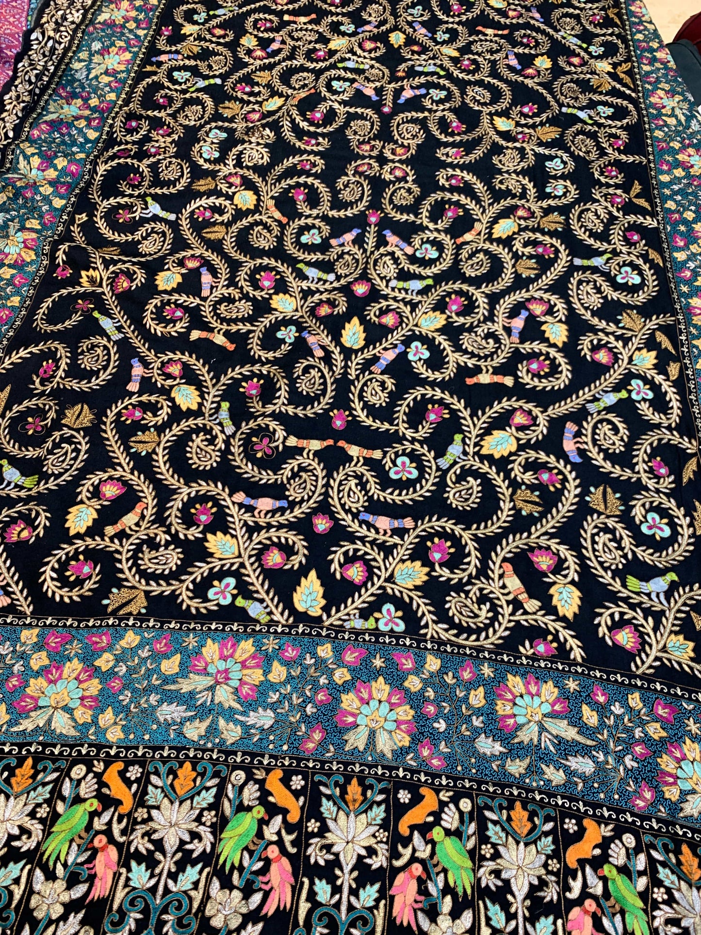 Pashtush India Womens Shawls Pashtush Women's Pure Pashmina Shawl, Kashmiri Tilla Work, Handloom, Black and Golden