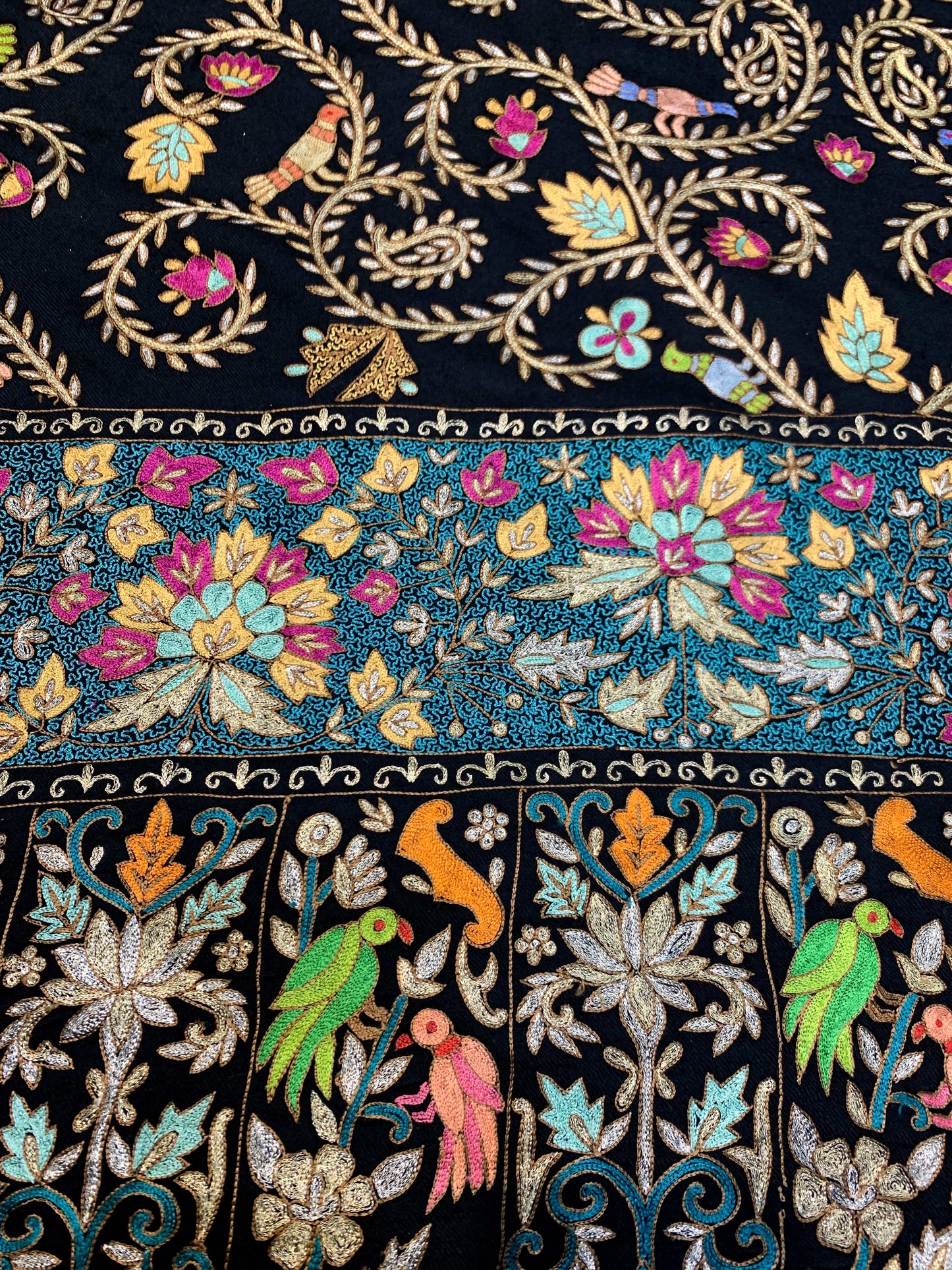 Pashtush India Womens Shawls Pashtush Women's Pure Pashmina Shawl, Kashmiri Tilla Work, Handloom, Black and Golden