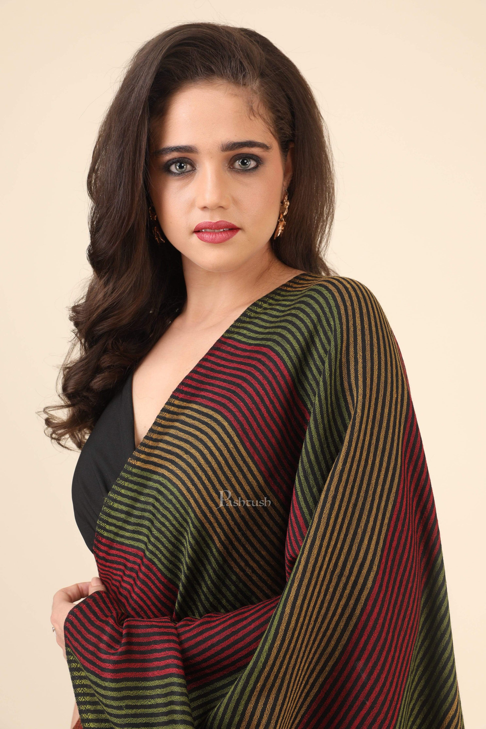 Pashtush India 70x200 Pashtush Women's Reversible Stole, Aztec Weave Scarf, Black