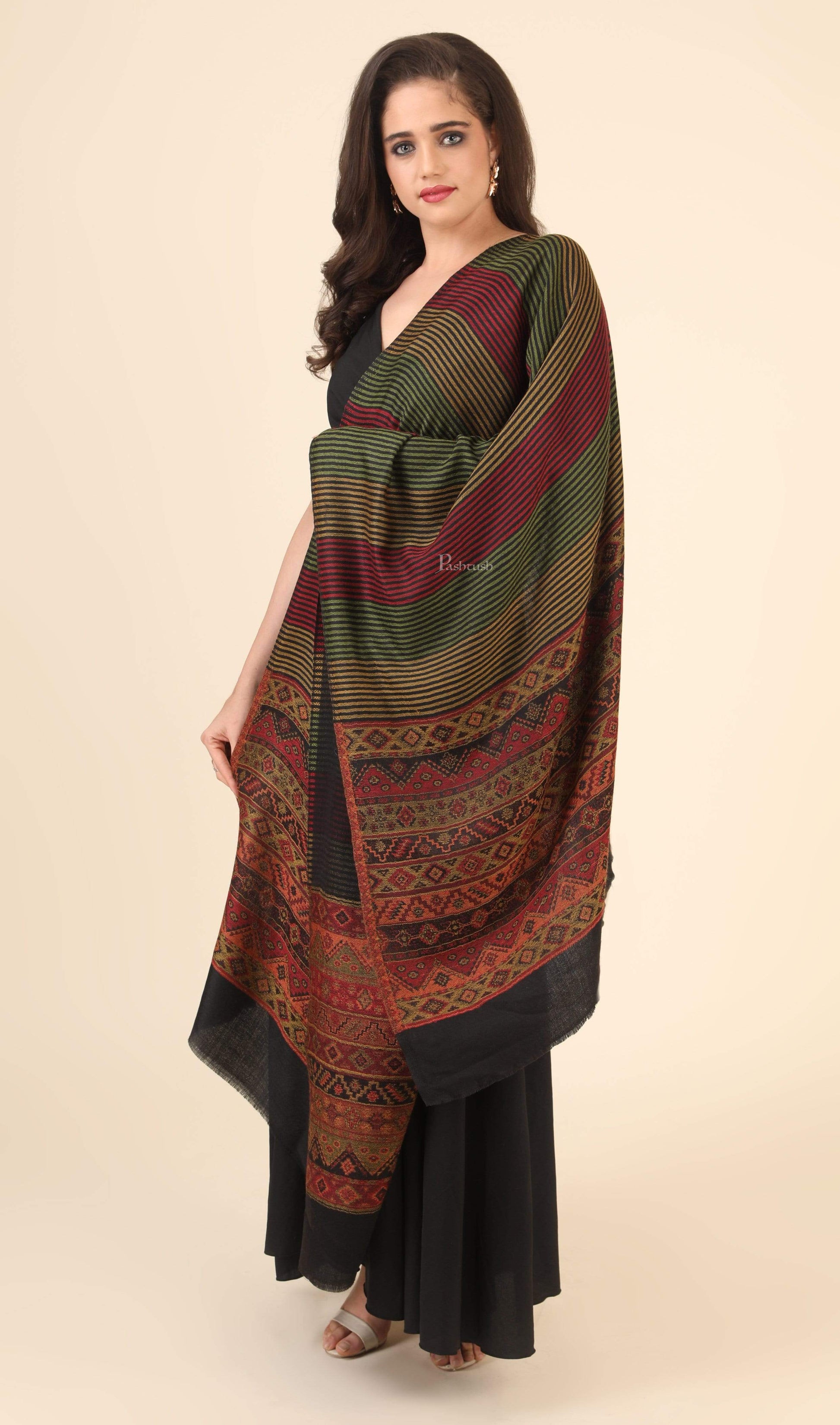 Pashtush India 70x200 Pashtush Women's Reversible Stole, Aztec Weave Scarf, Black