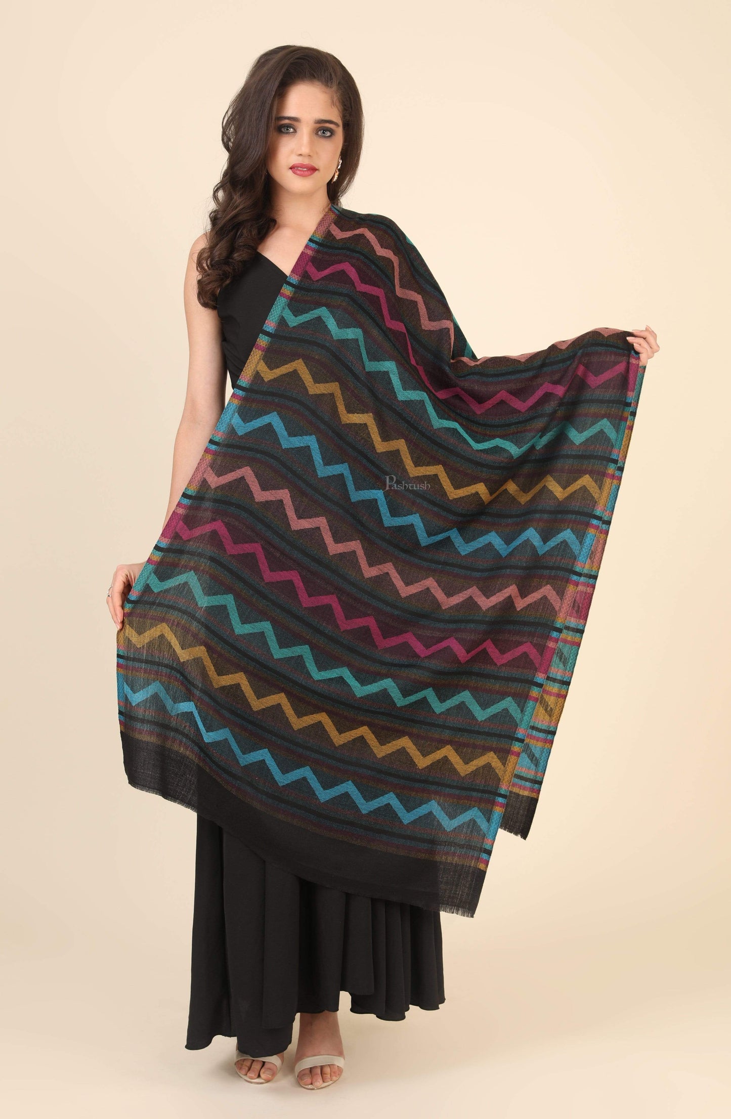 Pashtush India 70x200 Pashtush Women's Reversible Stole, Aztec Weave Scarf, Black