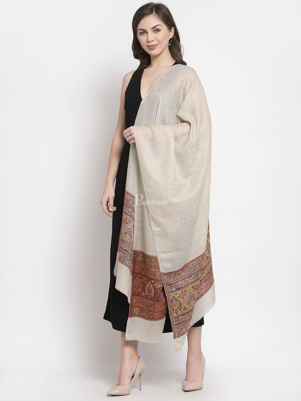 Pashtush India Womens Stoles and Scarves Scarf Pashtush Women'S Reversible Stole, Chanting Paisley Weave Scarf, Beige