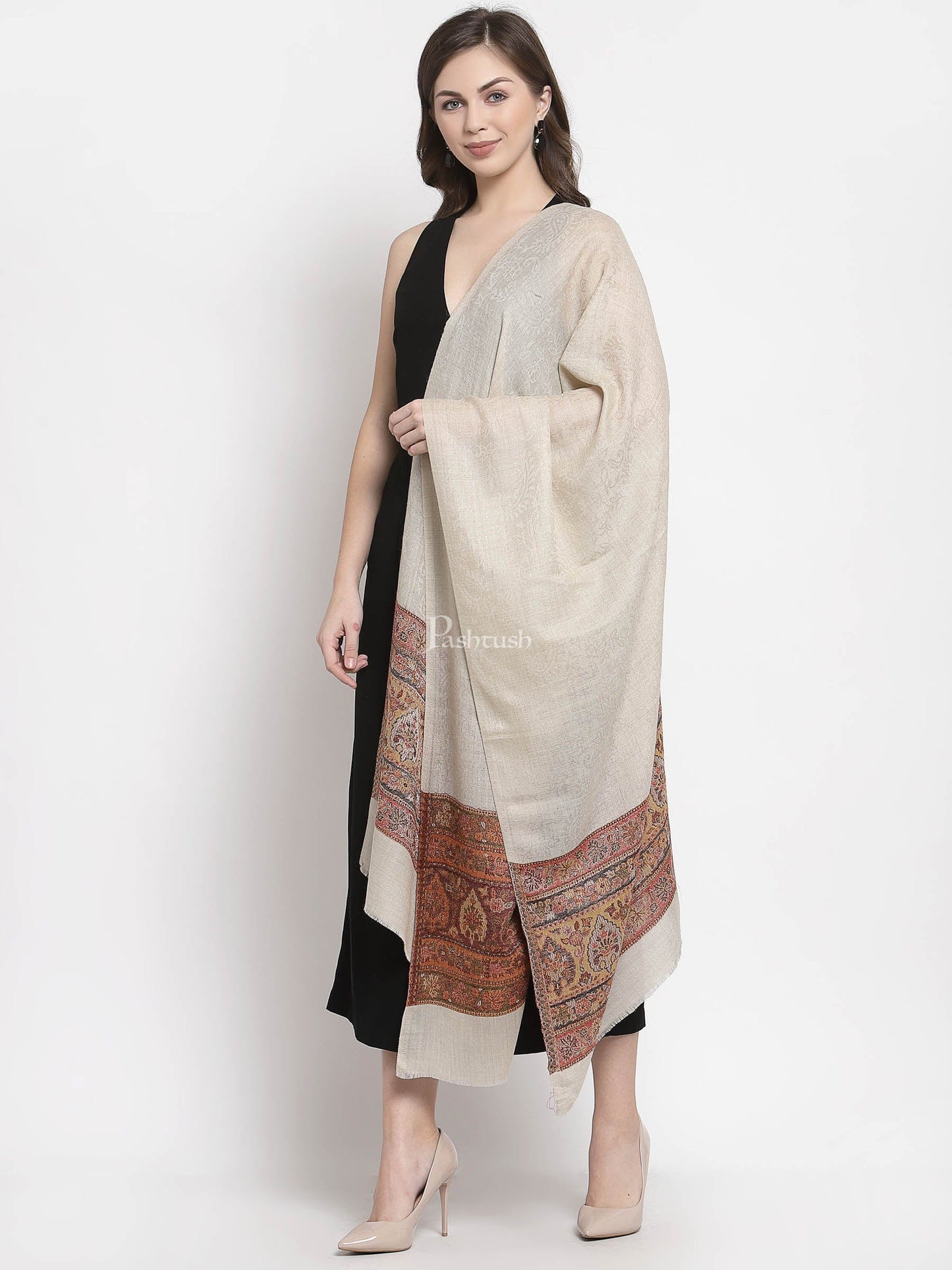 Pashtush India Womens Stoles and Scarves Scarf Pashtush Women'S Reversible Stole, Chanting Paisley Weave Scarf, Beige