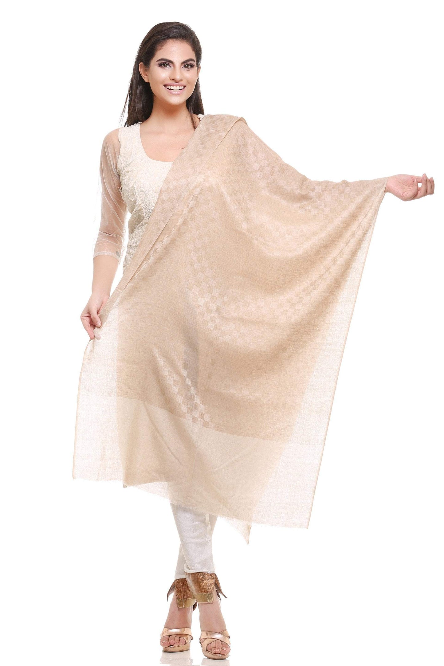 Pashtush India 70x200 Pashtush Women's Reversible Stole, checkered design (beige)