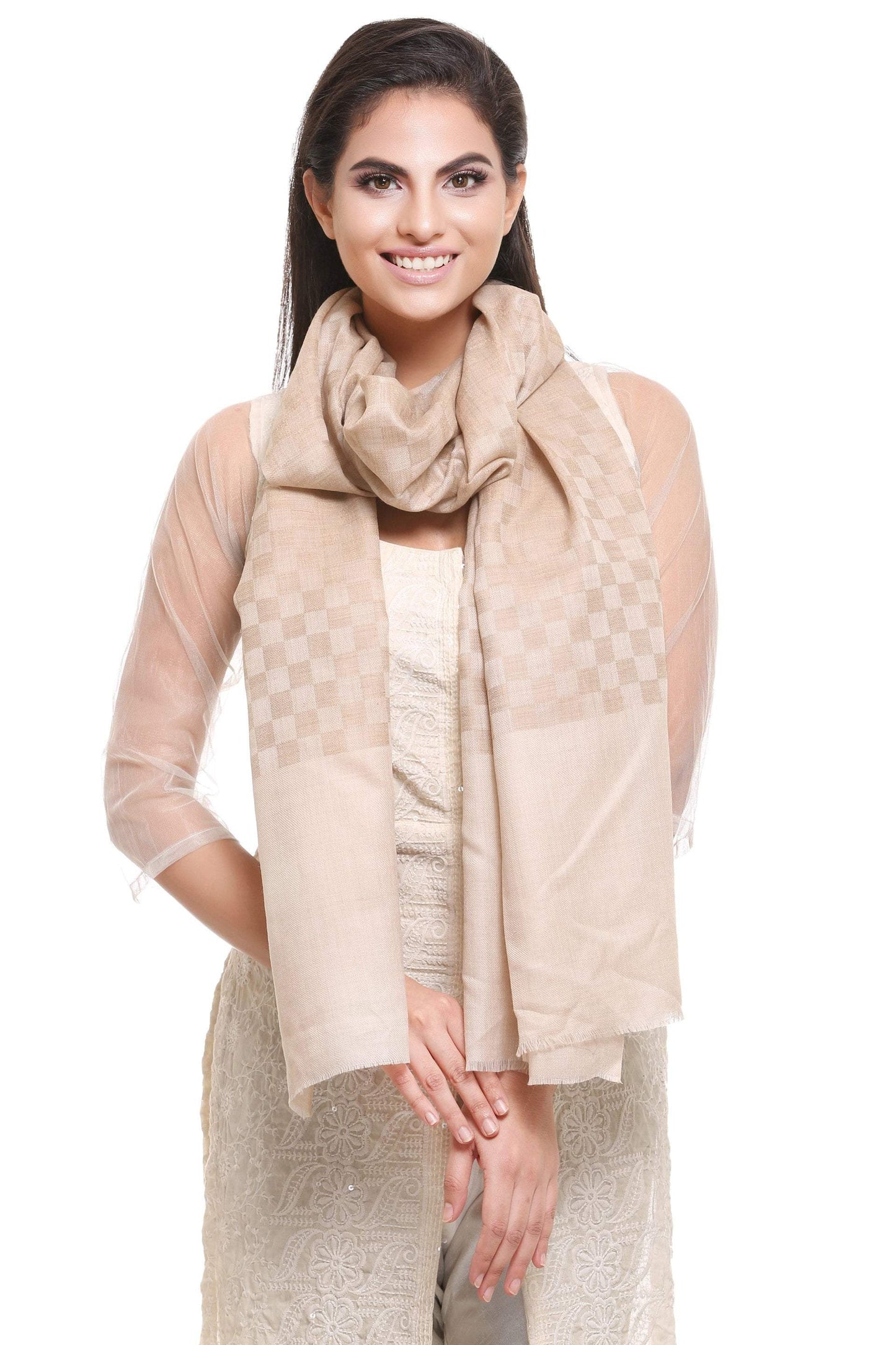 Pashtush India 70x200 Pashtush Women's Reversible Stole, checkered design (beige)