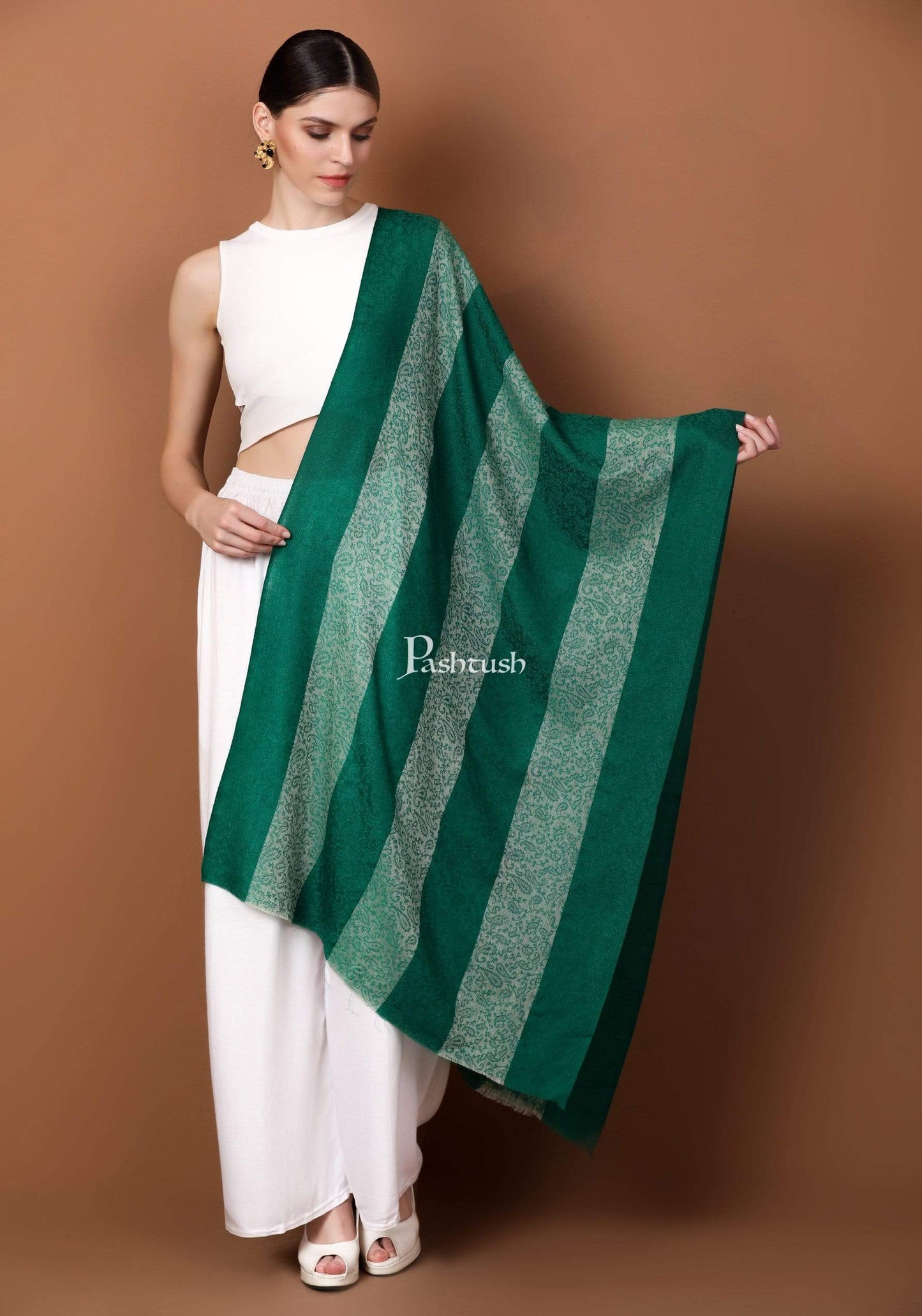 Pashtush Store Stole Pashtush Women's Reversible Stole, Scarf with Stripes, Emerald Green