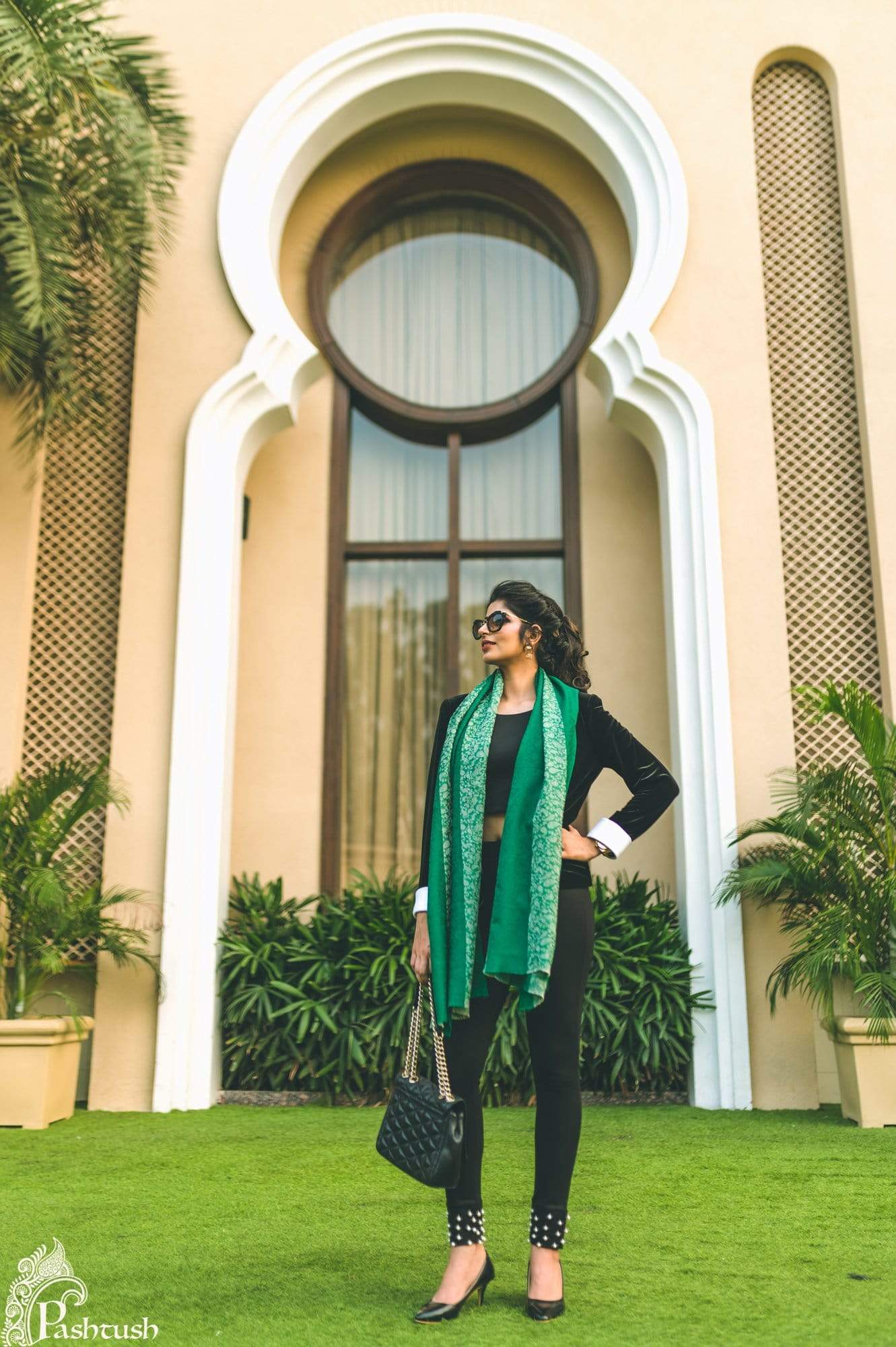 Pashtush India 70x200 Pashtush Women's Reversible Stole, Scarf with Stripes, Emerald Green