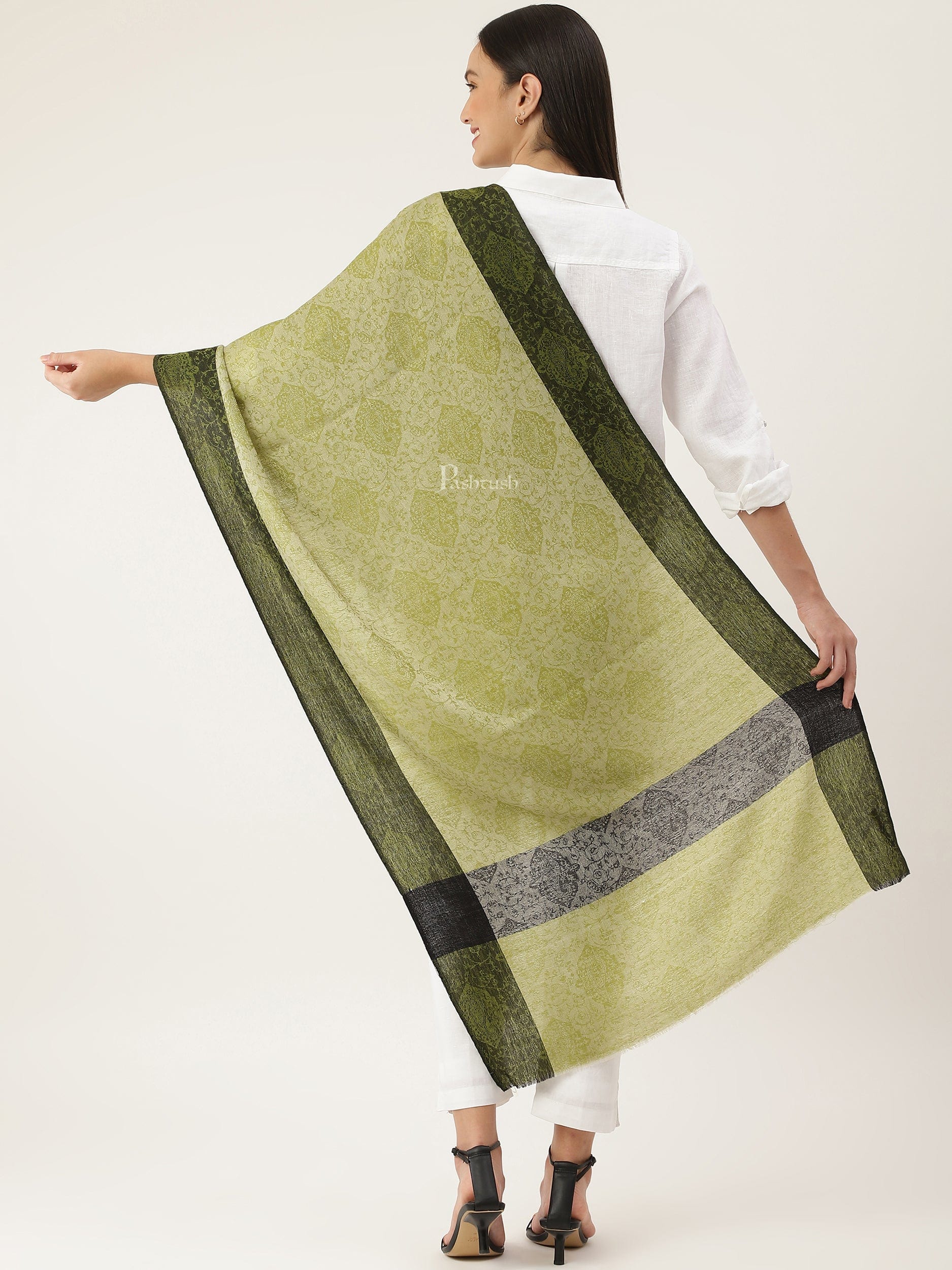 Pashtush India Womens Stoles and Scarves Scarf Pashtush Women's Reversible Stole, With Paiseley Weave, Green
