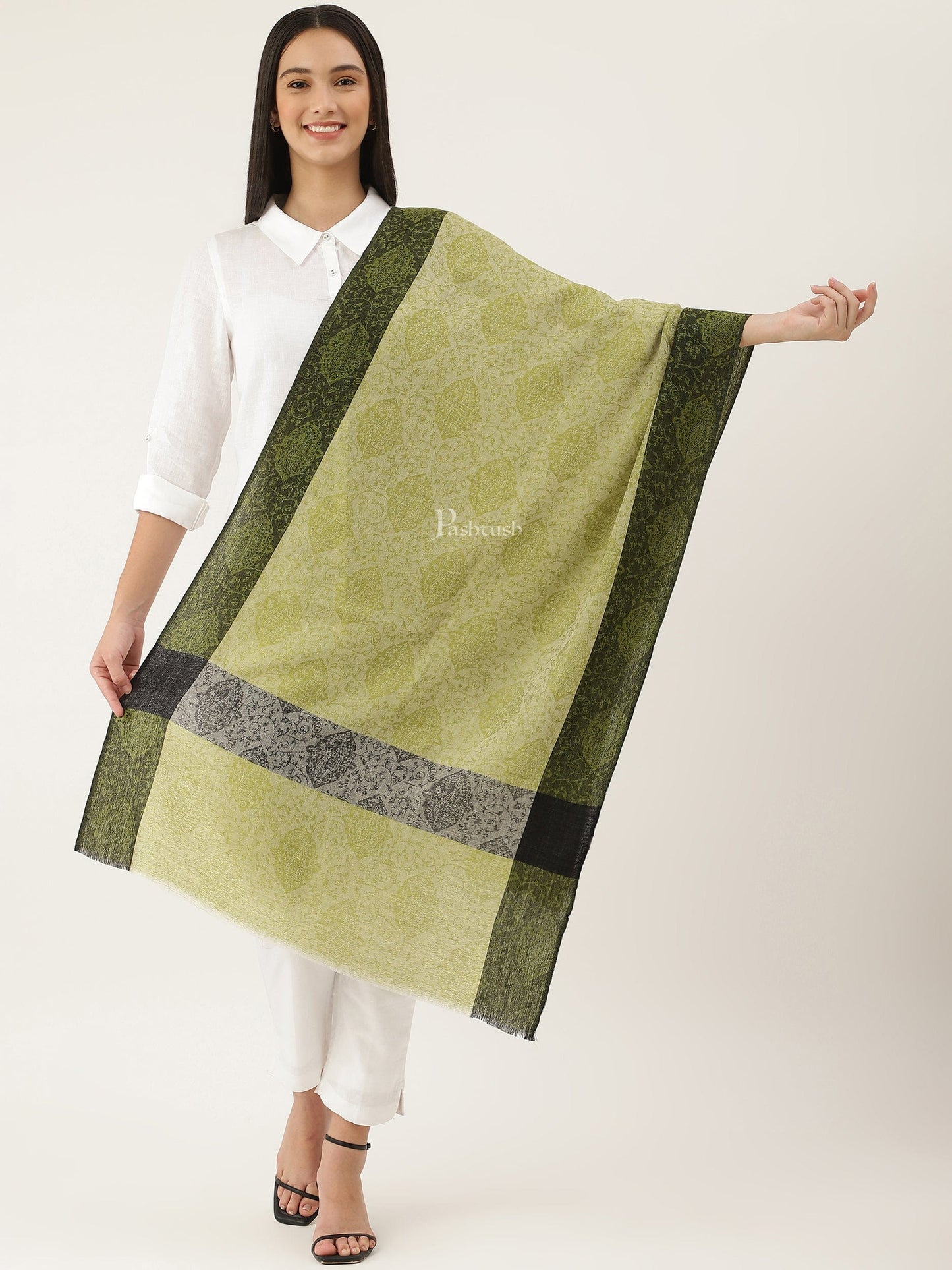 Pashtush India Womens Stoles and Scarves Scarf Pashtush Women's Reversible Stole, With Paiseley Weave, Green