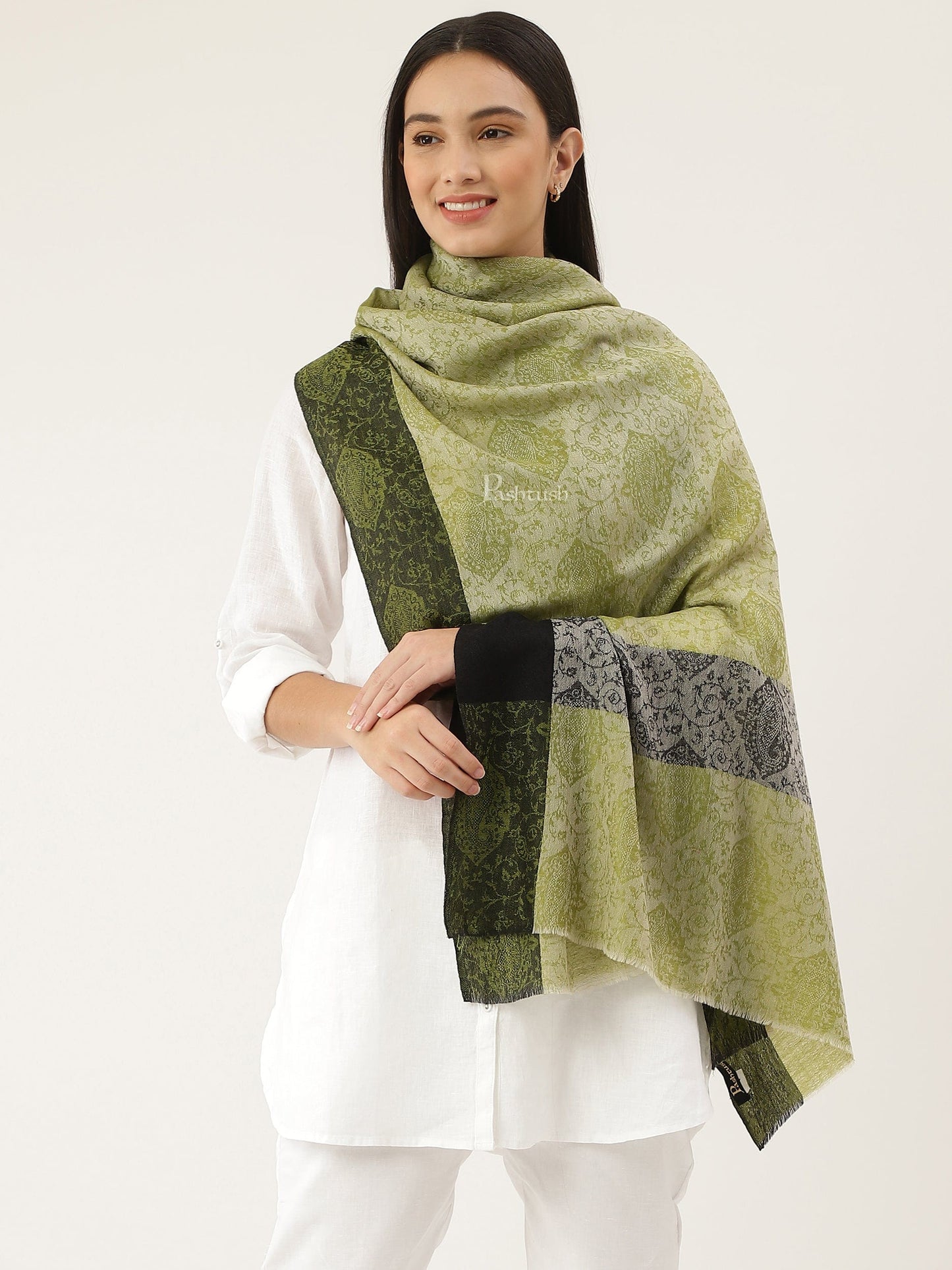 Pashtush India Womens Stoles and Scarves Scarf Pashtush Women's Reversible Stole, With Paiseley Weave, Green