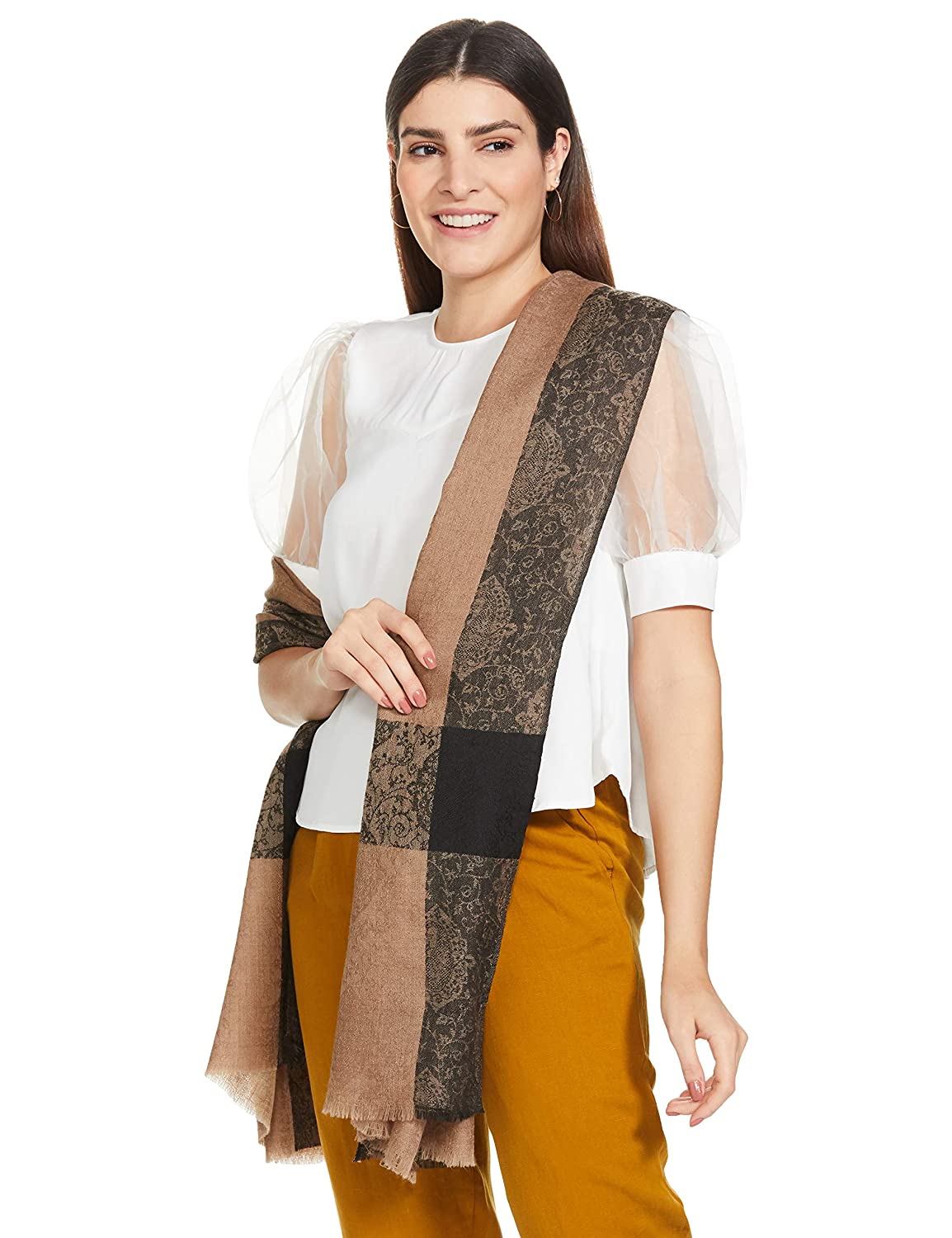 Pashtush India 70x200 Pashtush Women's Reversible Stole, with Paiseley weave, Neutral Beige and Black
