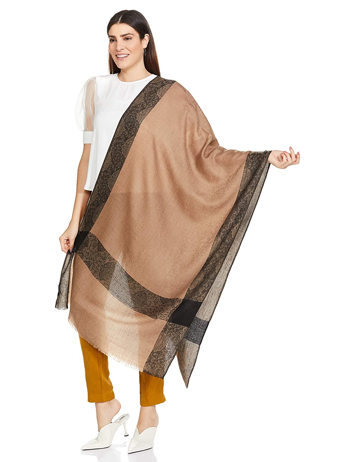 Pashtush India 70x200 Pashtush Women's Reversible Stole, with Paiseley weave, Neutral Beige and Black