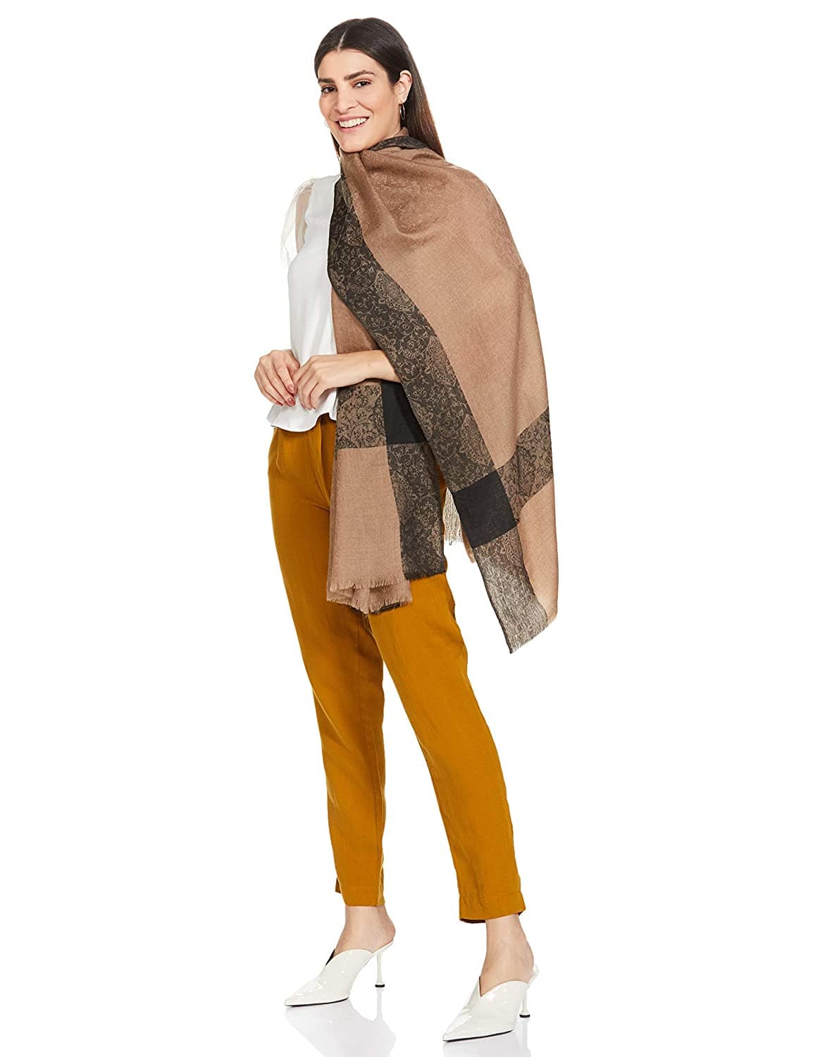 Pashtush India 70x200 Pashtush Women's Reversible Stole, with Paiseley weave, Neutral Beige and Black