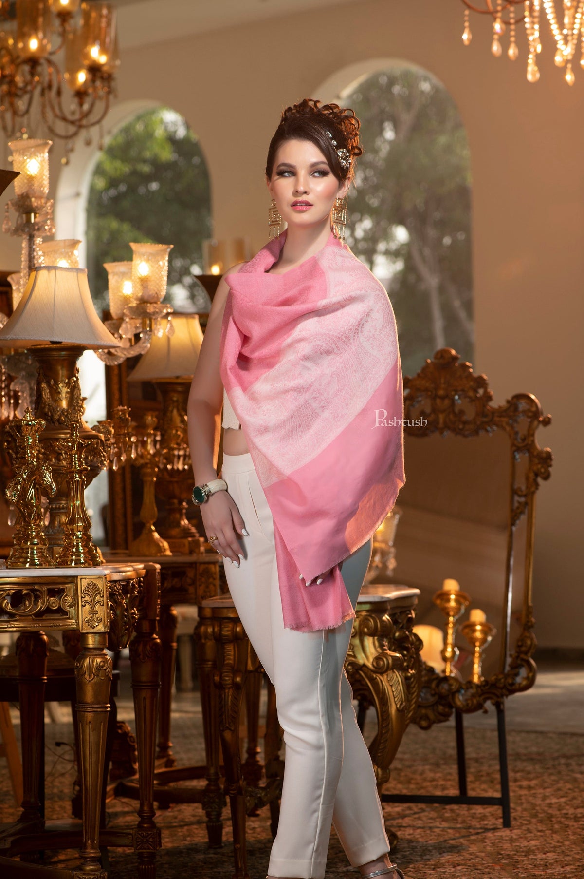 Pashtush India Womens Stoles and Scarves Scarf Pashtush Women'S Reversible Stole, With Paiseley Weave, Soft Pink