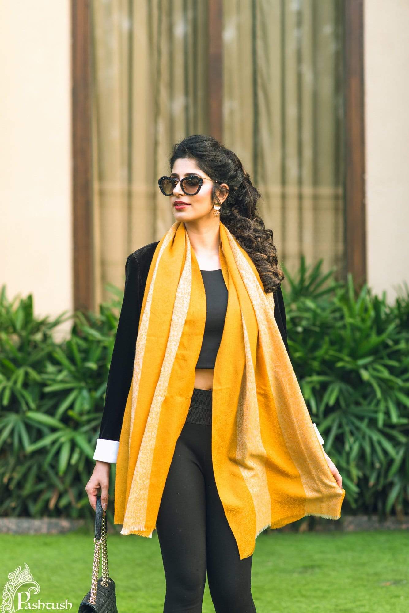 Pashtush India 70x200 Pashtush Women's Reversible Stole, with Stripes, Mustard and beige