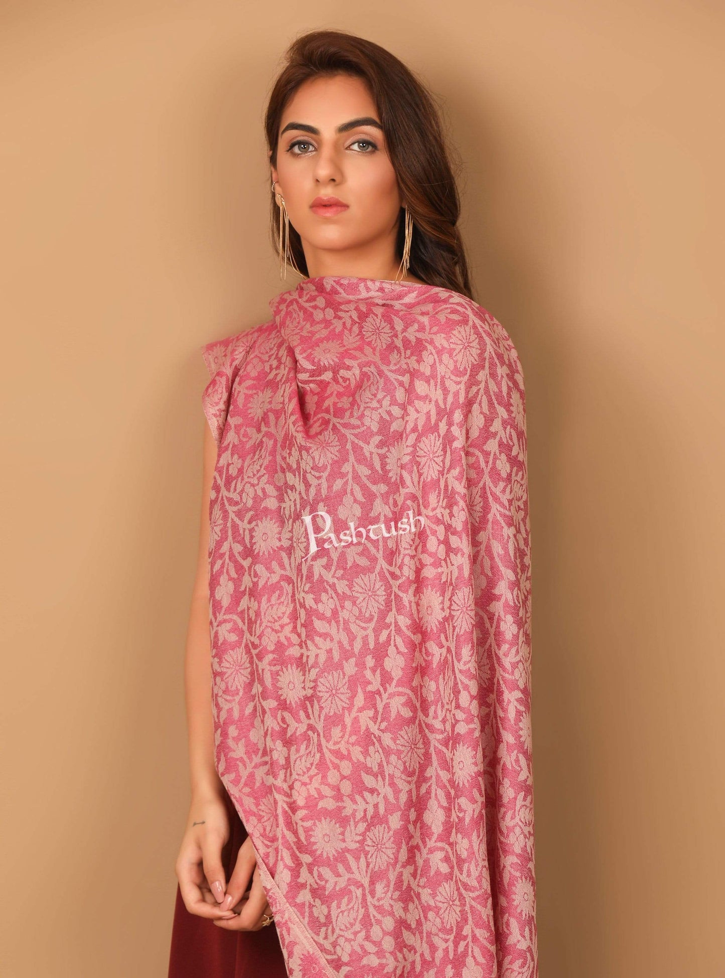 Pashtush Shawl Store Stole Pashtush Women's Wool Self Reversible Scarf Floral Jacquard Design, Silk-Wool