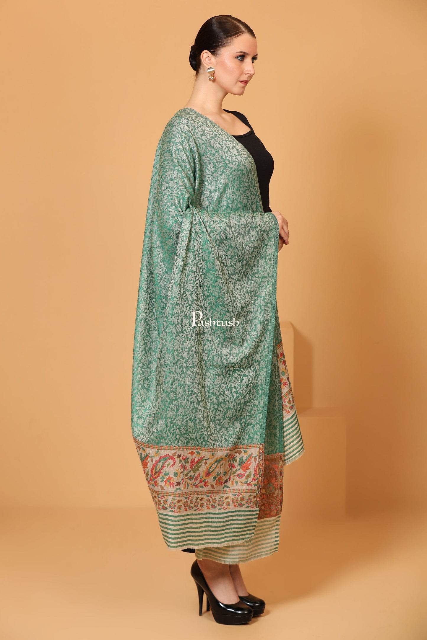 Pashtush India Womens Shawls Pashtush Women's Shawl, Soft and Warm, Lightweight Wool, Ethnic Palla, Emerald Green