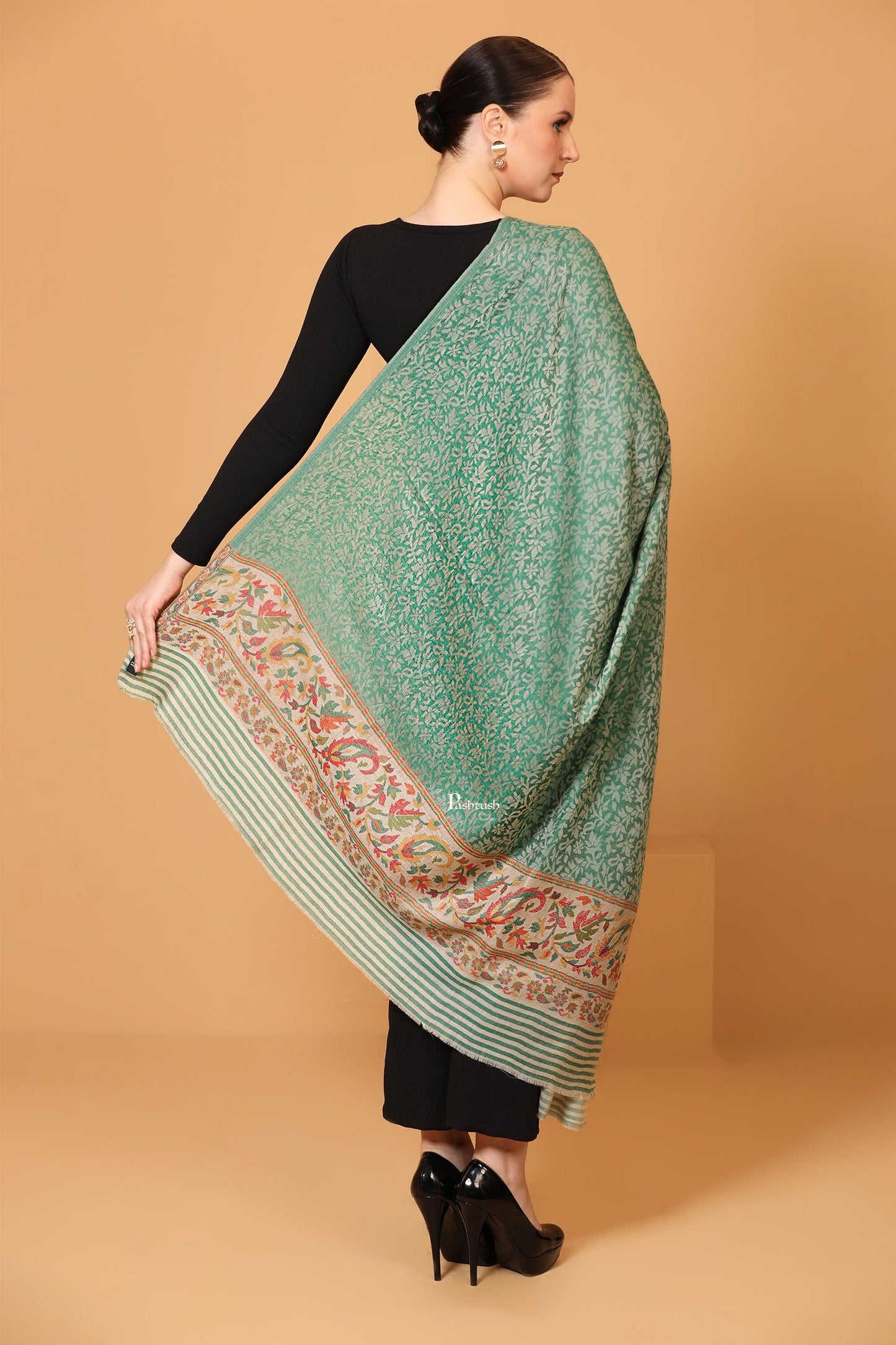 Pashtush India Womens Shawls Pashtush Women's Shawl, Soft and Warm, Lightweight Wool, Ethnic Palla, Emerald Green