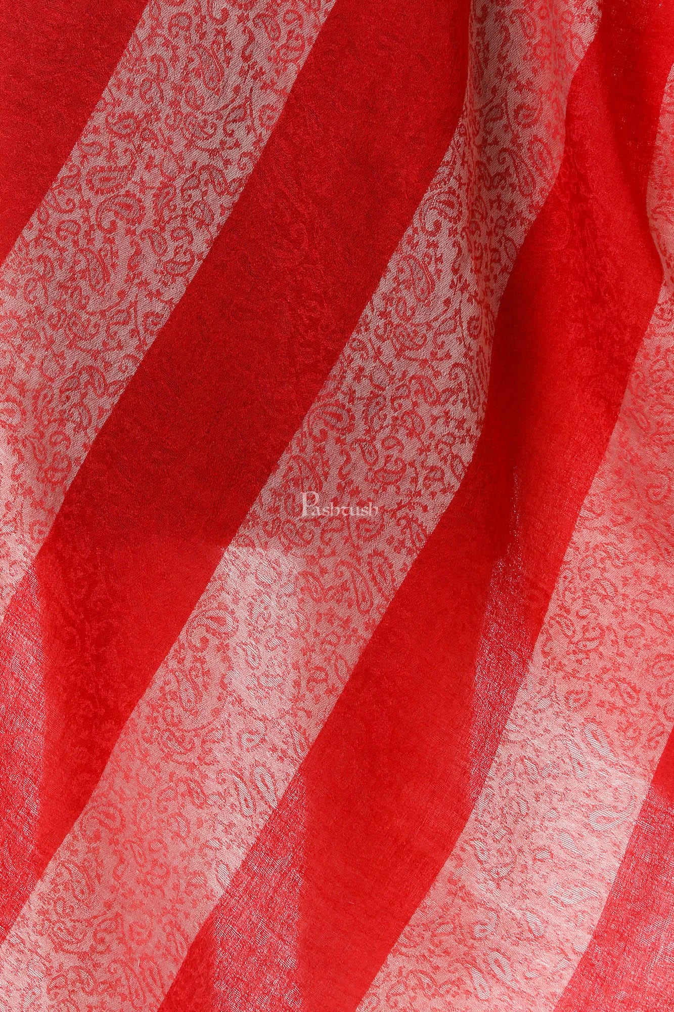 Pashtush India Womens Stoles and Scarves Scarf Pashtush Women'S Silk-Fine Wool Feel Reversible Stole, Striped Scarf, Scarlet Red