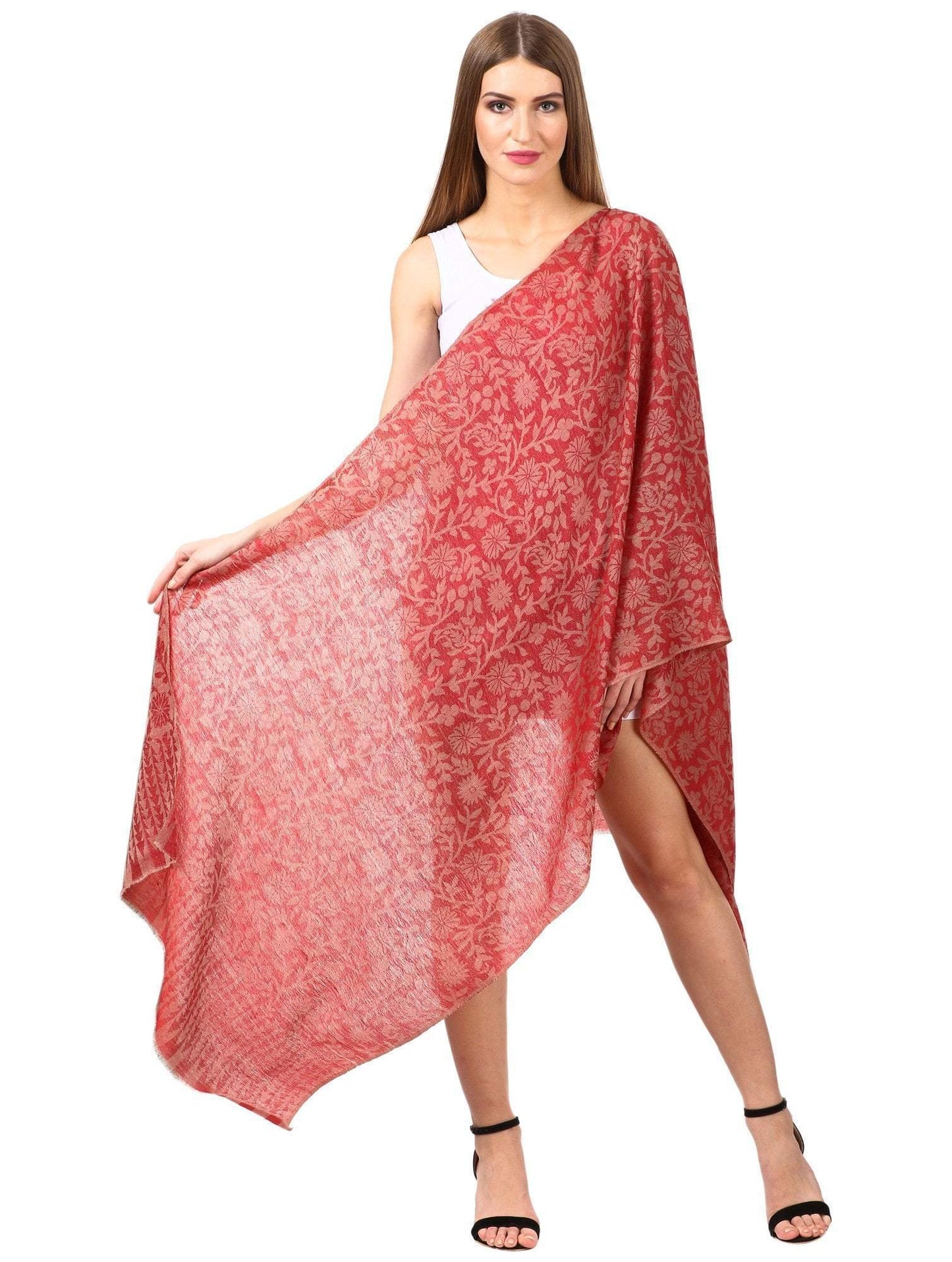 Pashtush Women'S Silk-Fine Wool Reversible Floral Scarf, Soft And Warm, Red