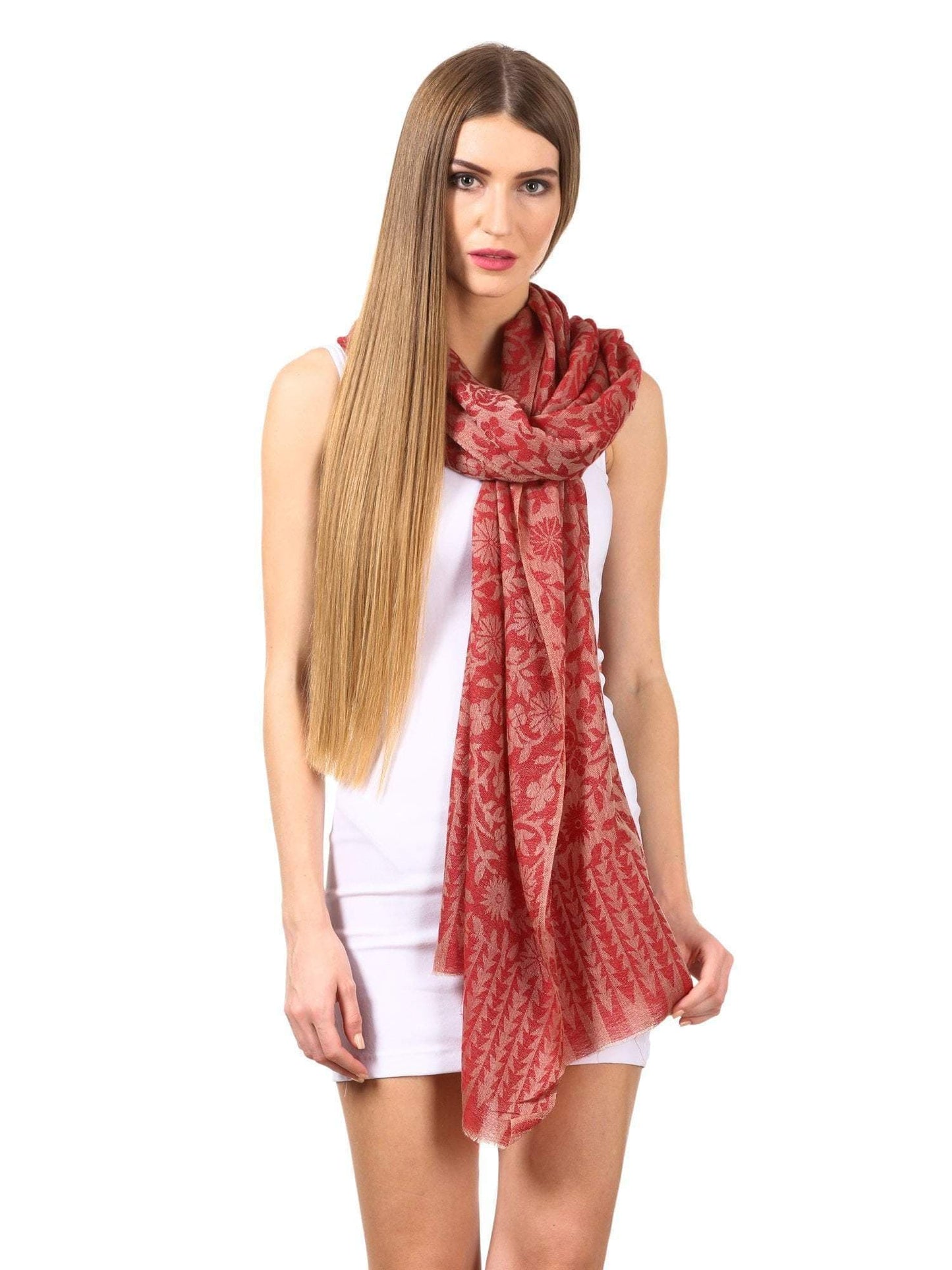 Pashtush Women'S Silk-Fine Wool Reversible Floral Scarf, Soft And Warm, Red