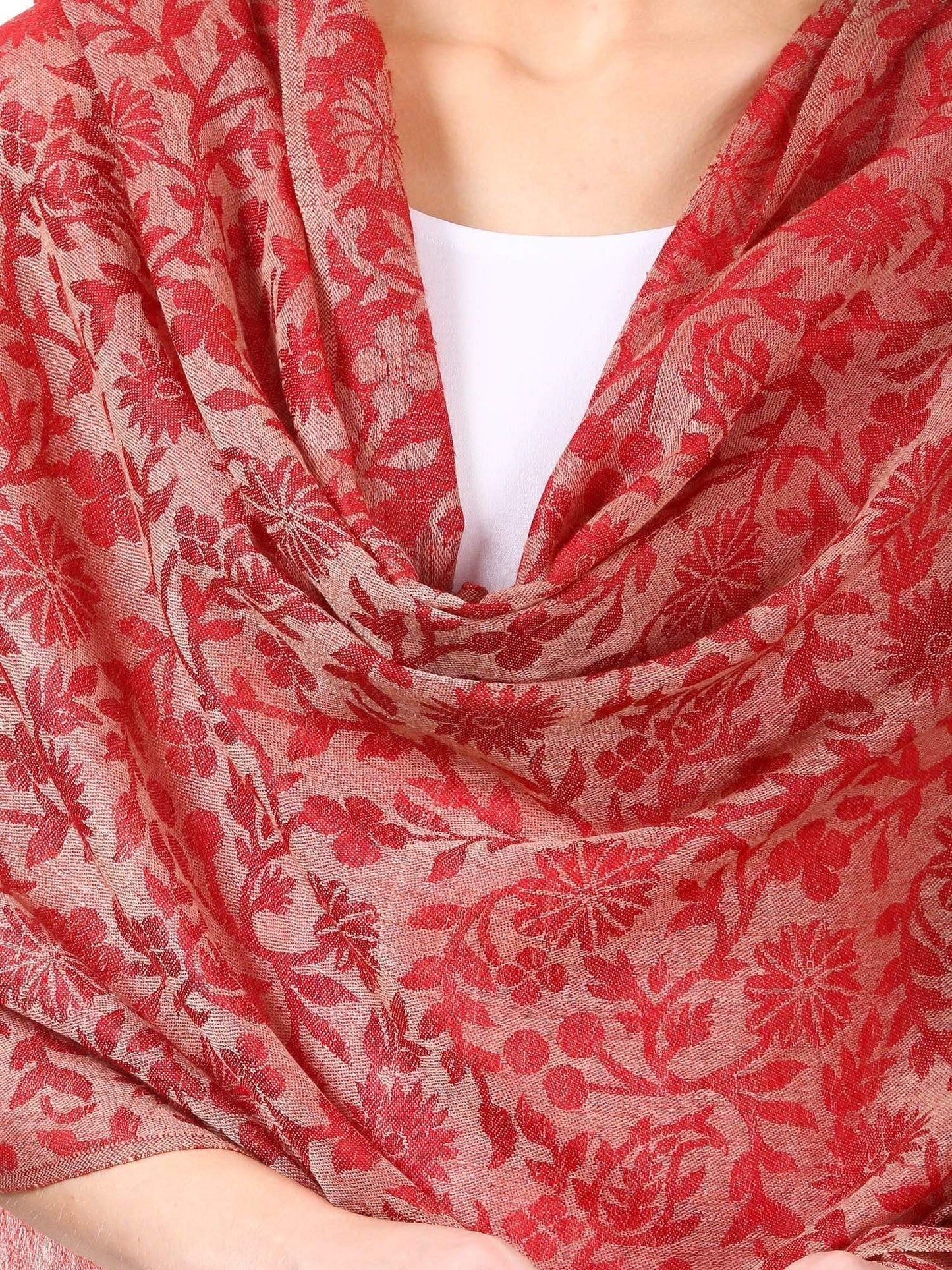 Pashtush Women'S Silk-Fine Wool Reversible Floral Scarf, Soft And Warm, Red