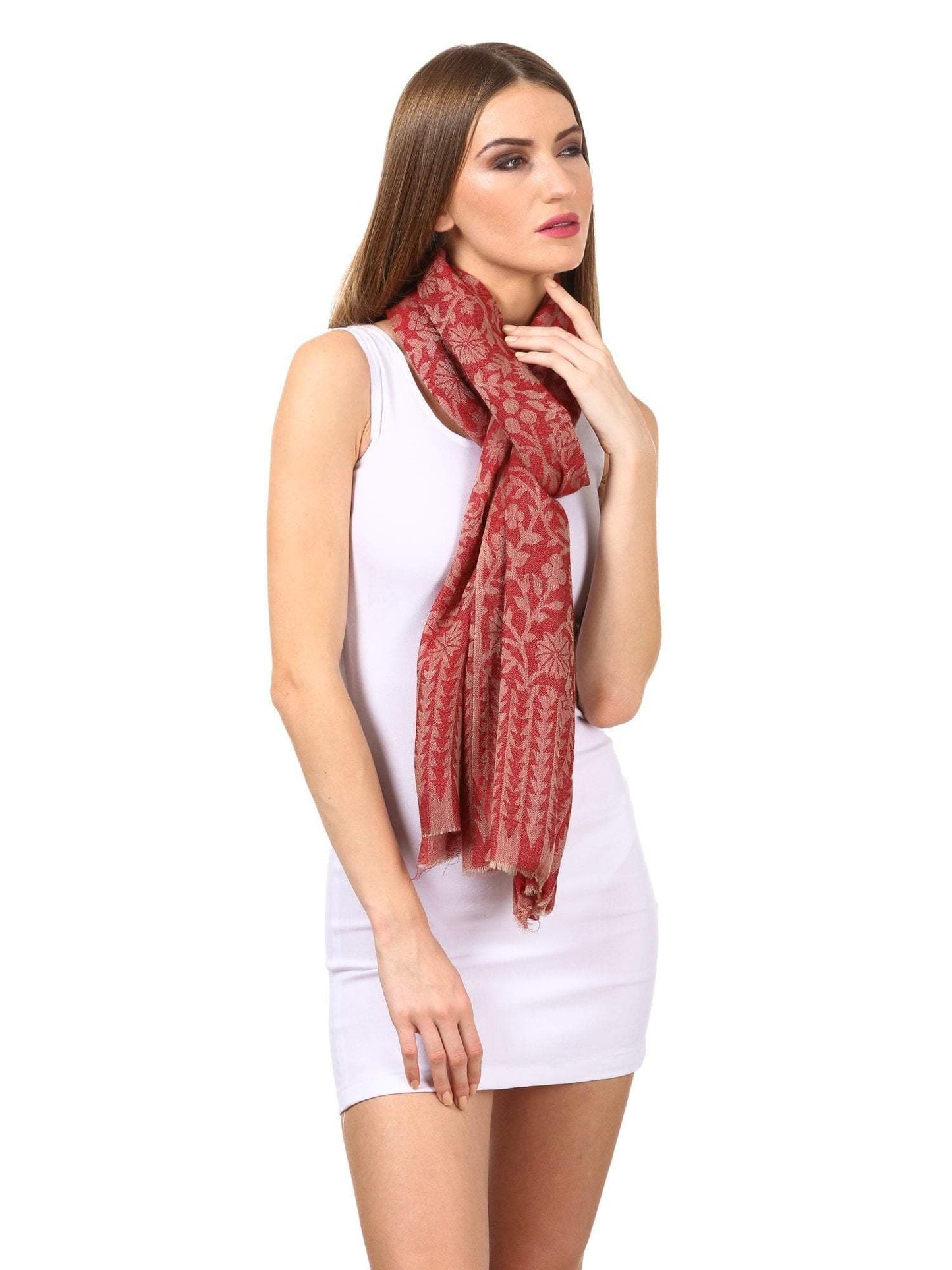 Pashtush Women'S Silk-Fine Wool Reversible Floral Scarf, Soft And Warm, Red