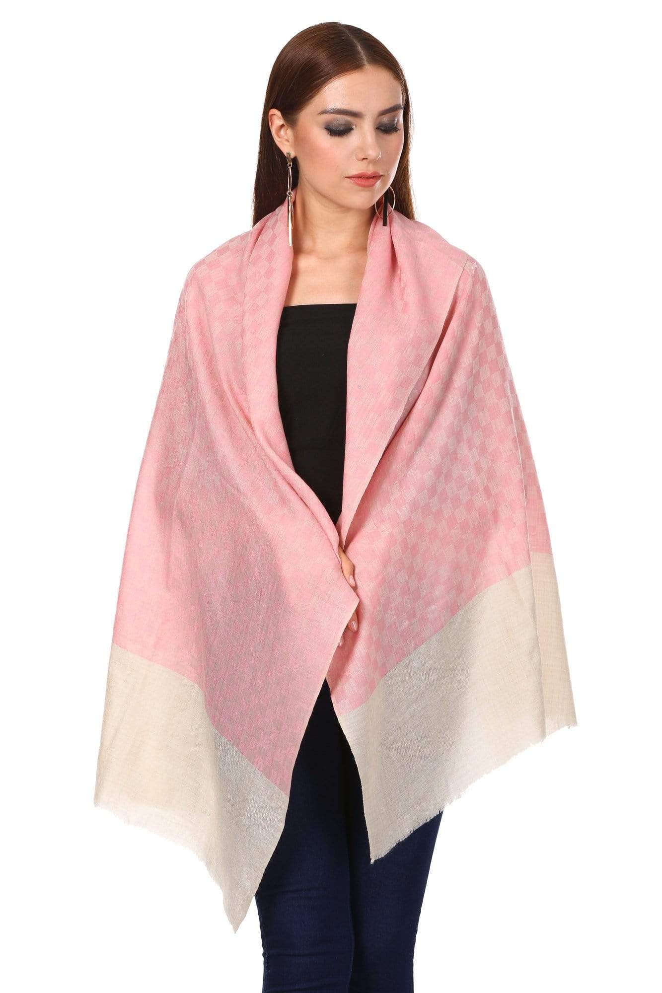 Pashtush India 70x200 Pashtush Women's Silk-Pashmina Stole, Checkered Design, Powder Pink