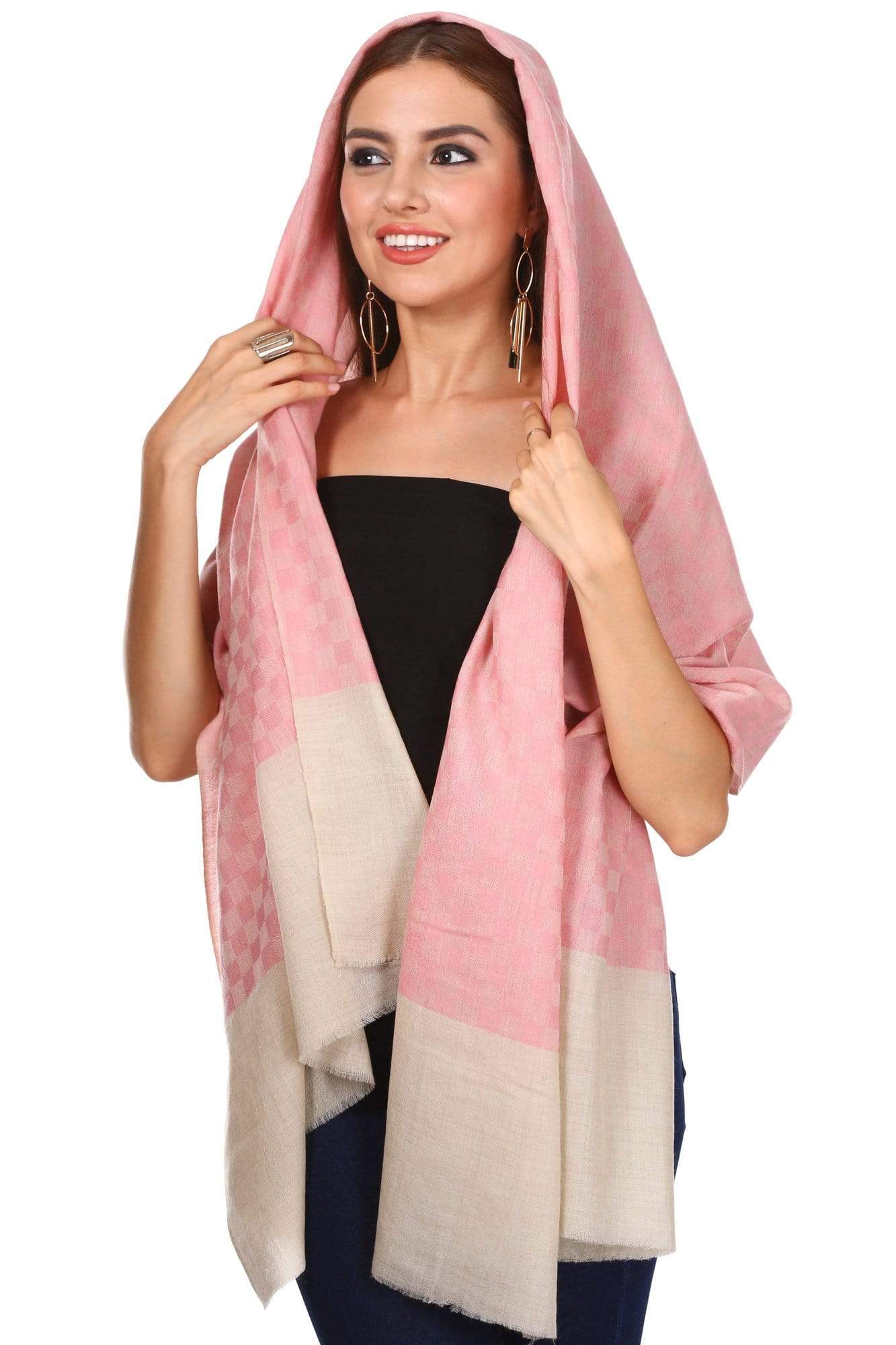 Pashtush India 70x200 Pashtush Women's Silk-Pashmina Stole, Checkered Design, Powder Pink