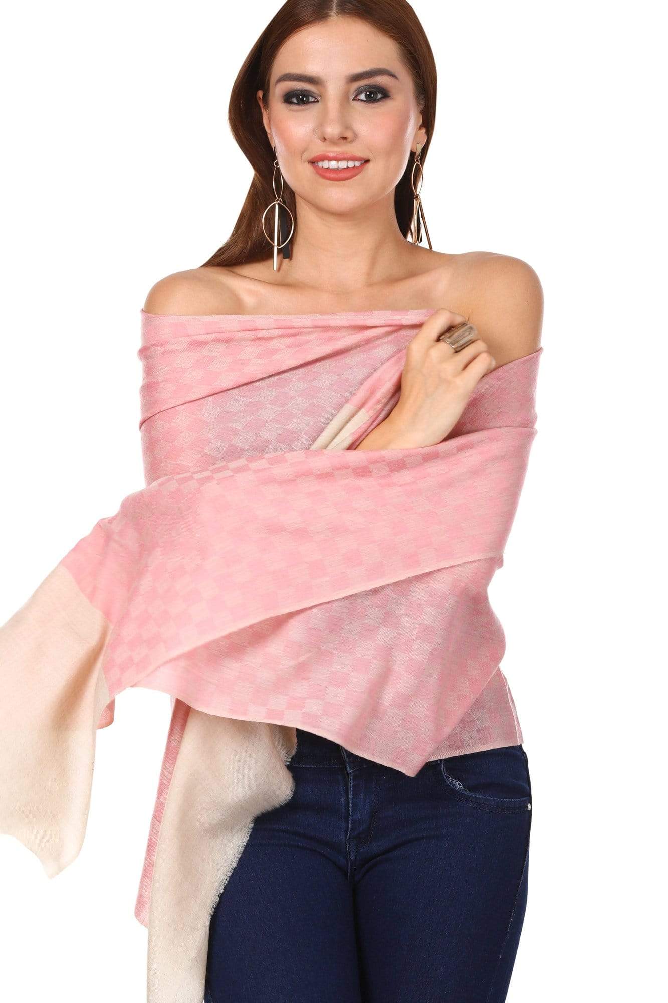 Pashtush India 70x200 Pashtush Women's Silk-Pashmina Stole, Checkered Design, Powder Pink