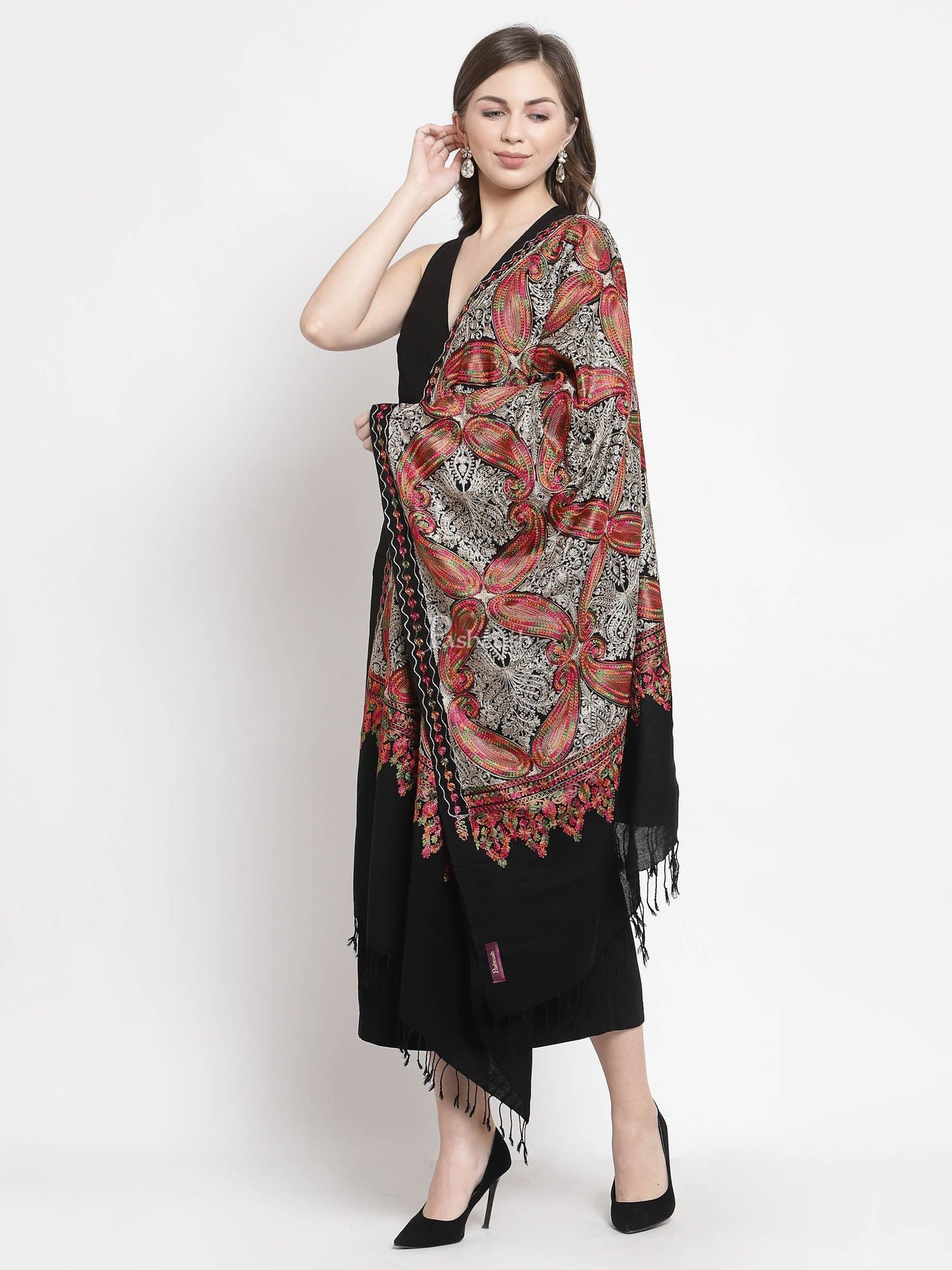 Pashtush India Womens Stoles and Scarves Scarf Pashtush Women'S Silk Wool Hand Embroidery Stole, Extra Soft Black