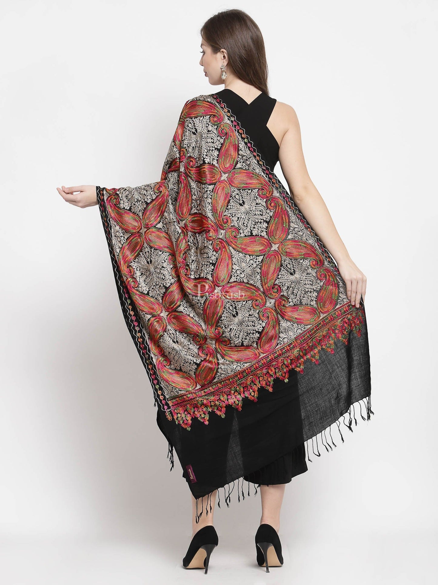Pashtush India Womens Stoles and Scarves Scarf Pashtush Women'S Silk Wool Hand Embroidery Stole, Extra Soft Black