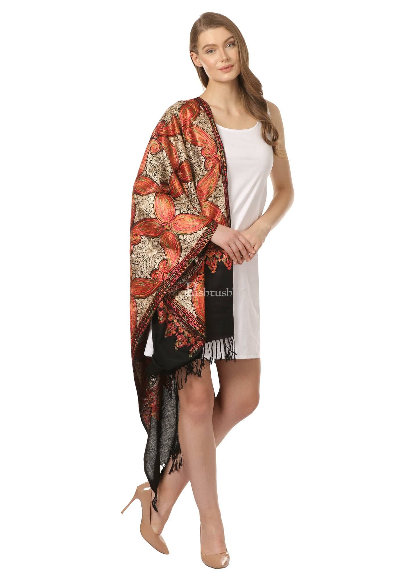 Pashtush India Womens Stoles and Scarves Scarf Pashtush Women'S Silk Wool Hand Embroidery Stole, Extra Soft Black