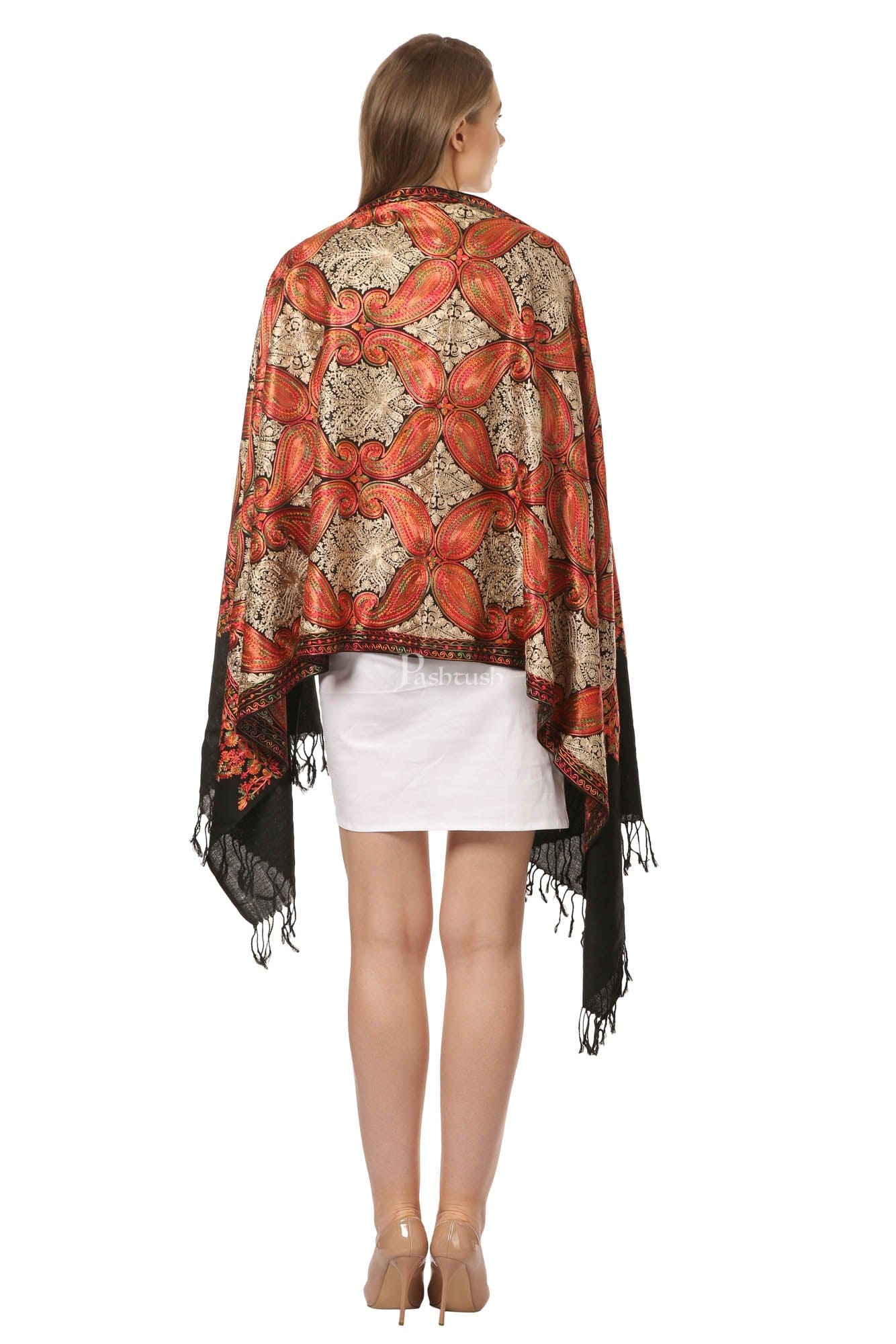 Pashtush India Womens Stoles and Scarves Scarf Pashtush Women'S Silk Wool Hand Embroidery Stole, Extra Soft Black