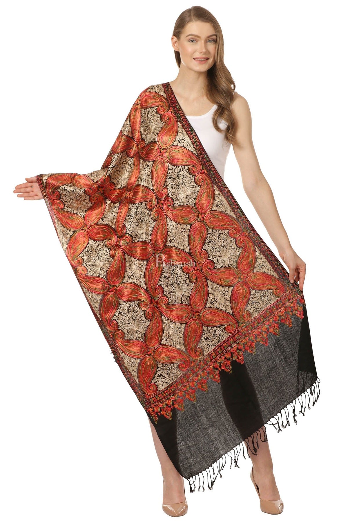 Pashtush India Womens Stoles and Scarves Scarf Pashtush Women'S Silk Wool Hand Embroidery Stole, Extra Soft Black