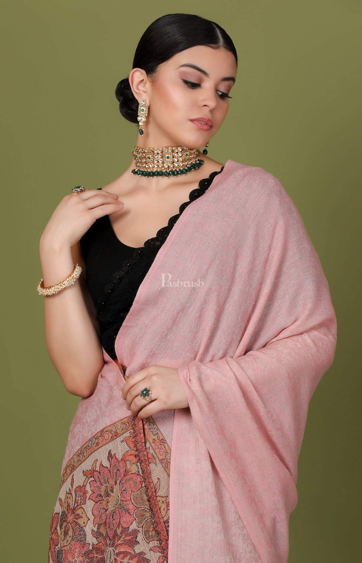 Pashtush India 70x200 Pashtush Women's Silk-Wool Reversible Floral Scarf, Soft and Warm (Powder pink)