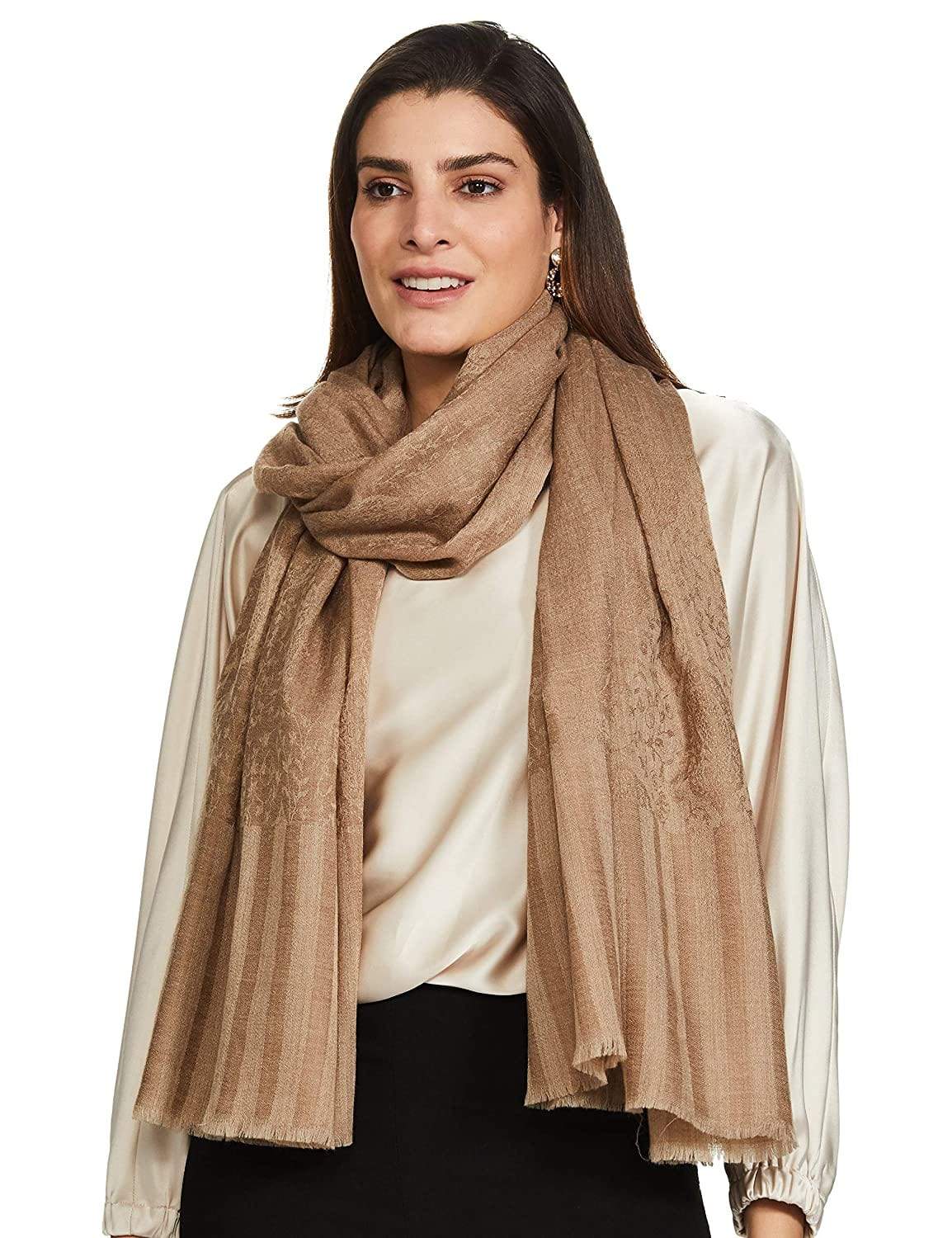 Pashtush India 70x200 Pashtush Women's Soft Fine Wool Scarf, Paisley Weave, Beige