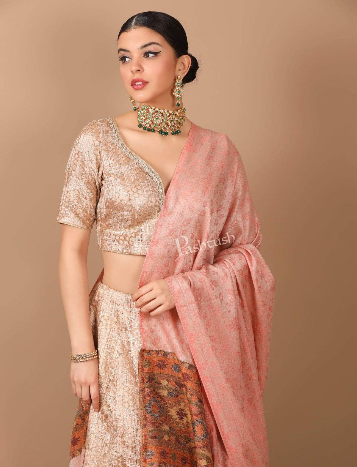 Pashtush India Shawl Pashtush Women's Soft Fine Wool Shawl with Kaani Weave Palla, Soft Peach