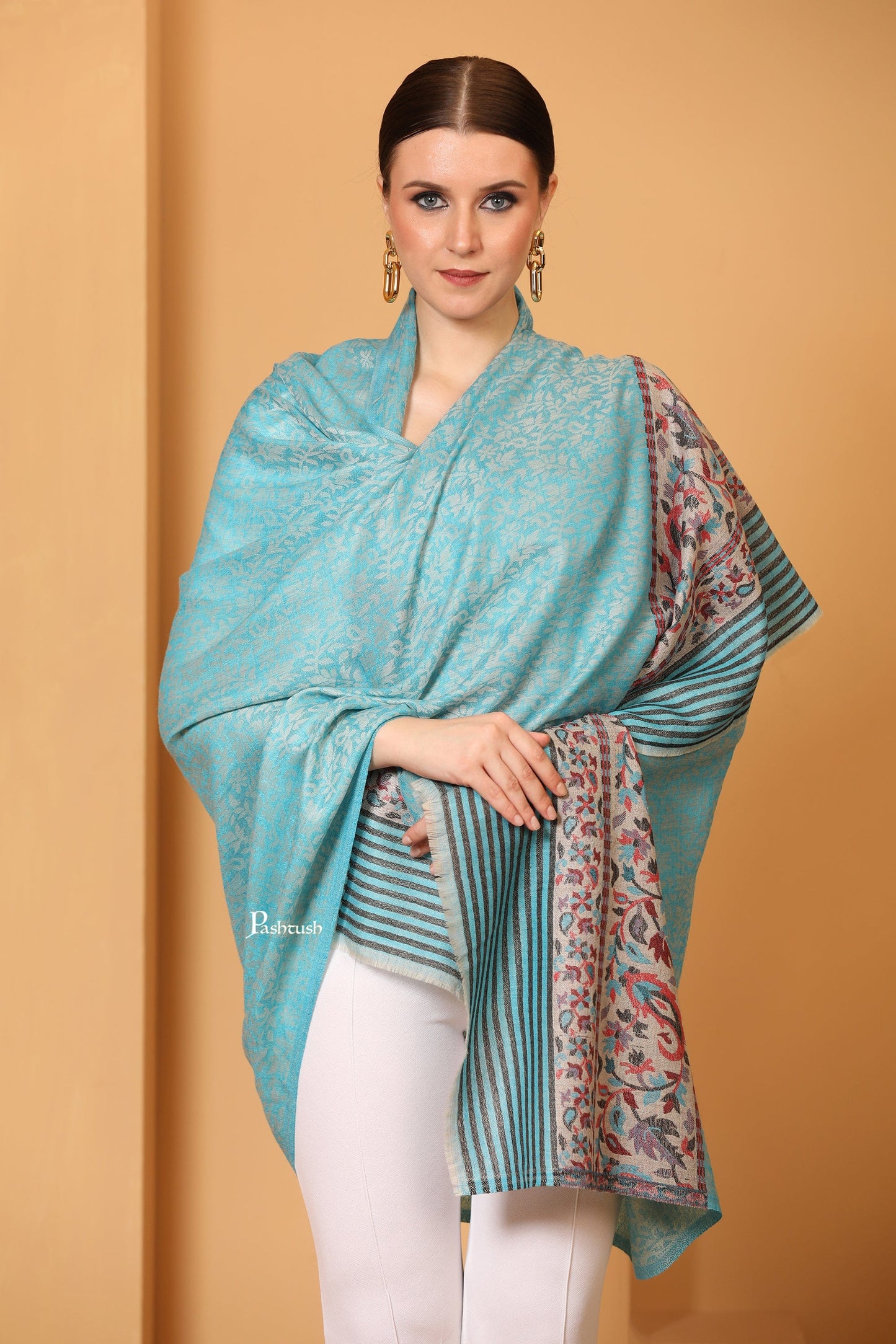 Pashtush India Womens Shawls Pashtush Women'S Soft Wool Cashmere Blended Shawl, Ethnic Palla, Blue