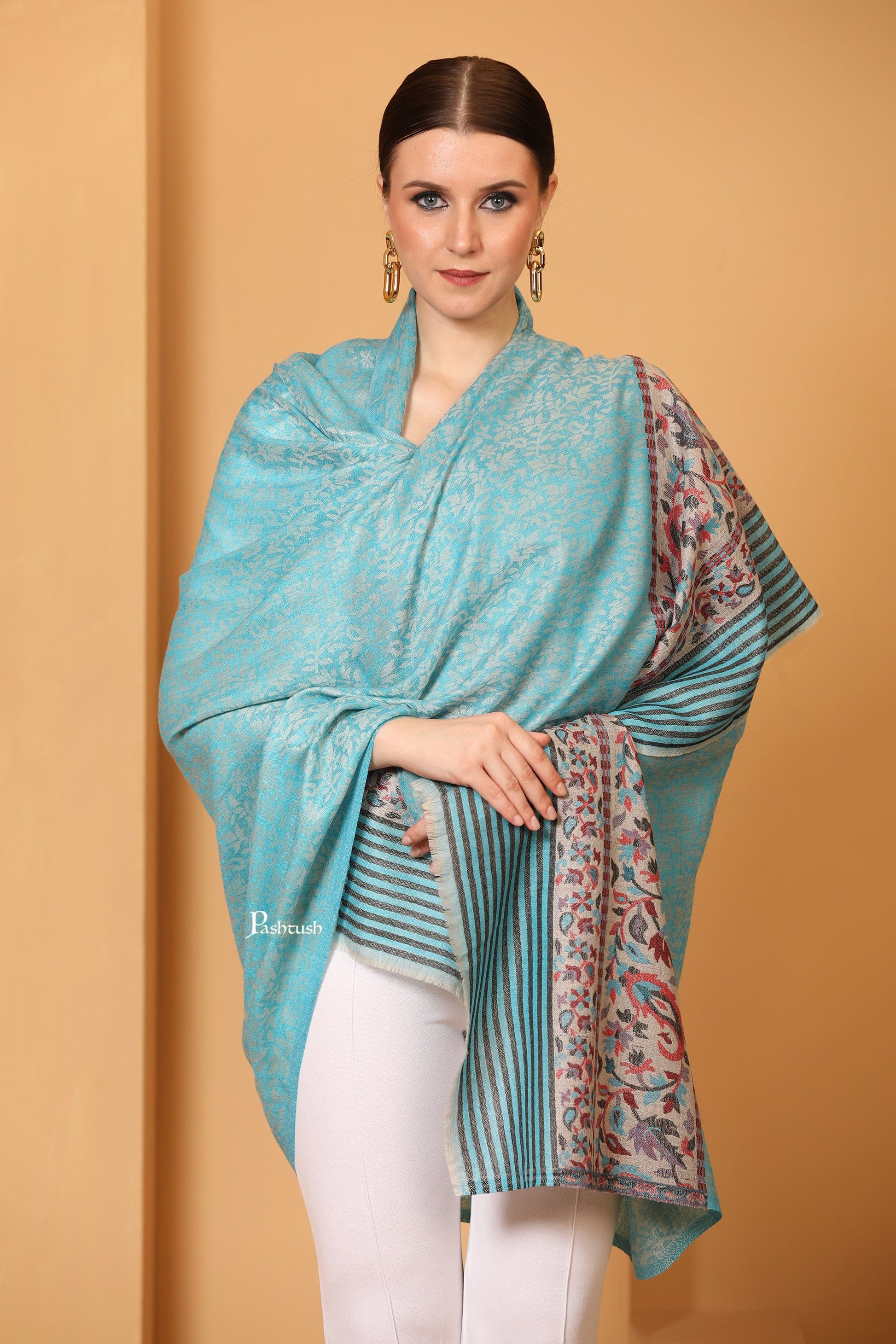 Pashtush India Womens Shawls Pashtush Women'S Soft Wool Cashmere Blended Shawl, Ethnic Palla, Blue