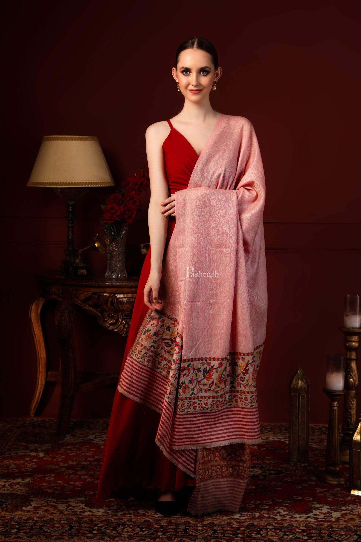 Pashtush India 100x200 Pashtush Women's Soft Wool Cashmere Blended Shawl, Ethnic Palla, Blush Pink
