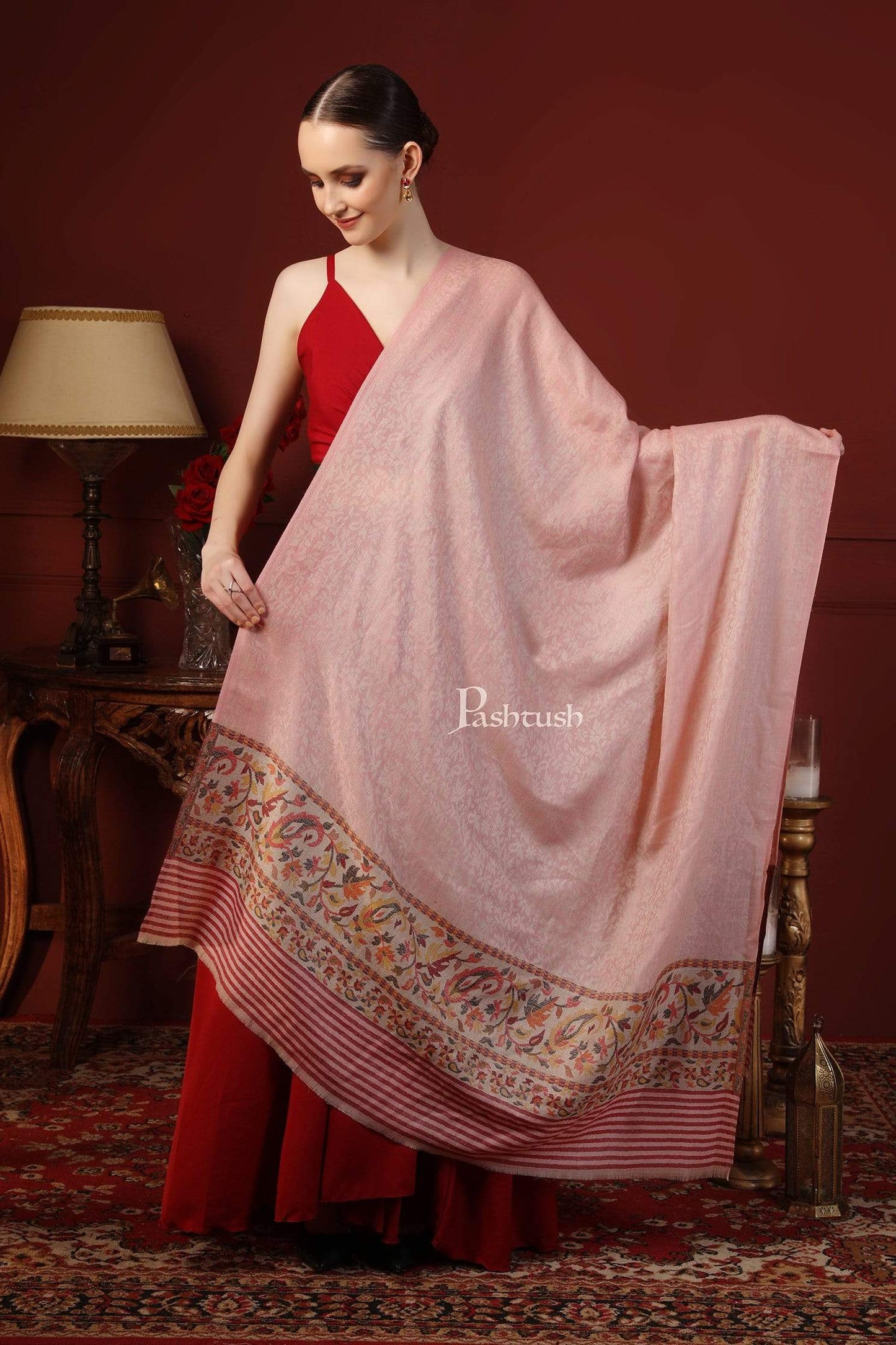 Pashtush India 100x200 Pashtush Women's Soft Wool Cashmere Blended Shawl, Kaani Palla, Blush Pink
