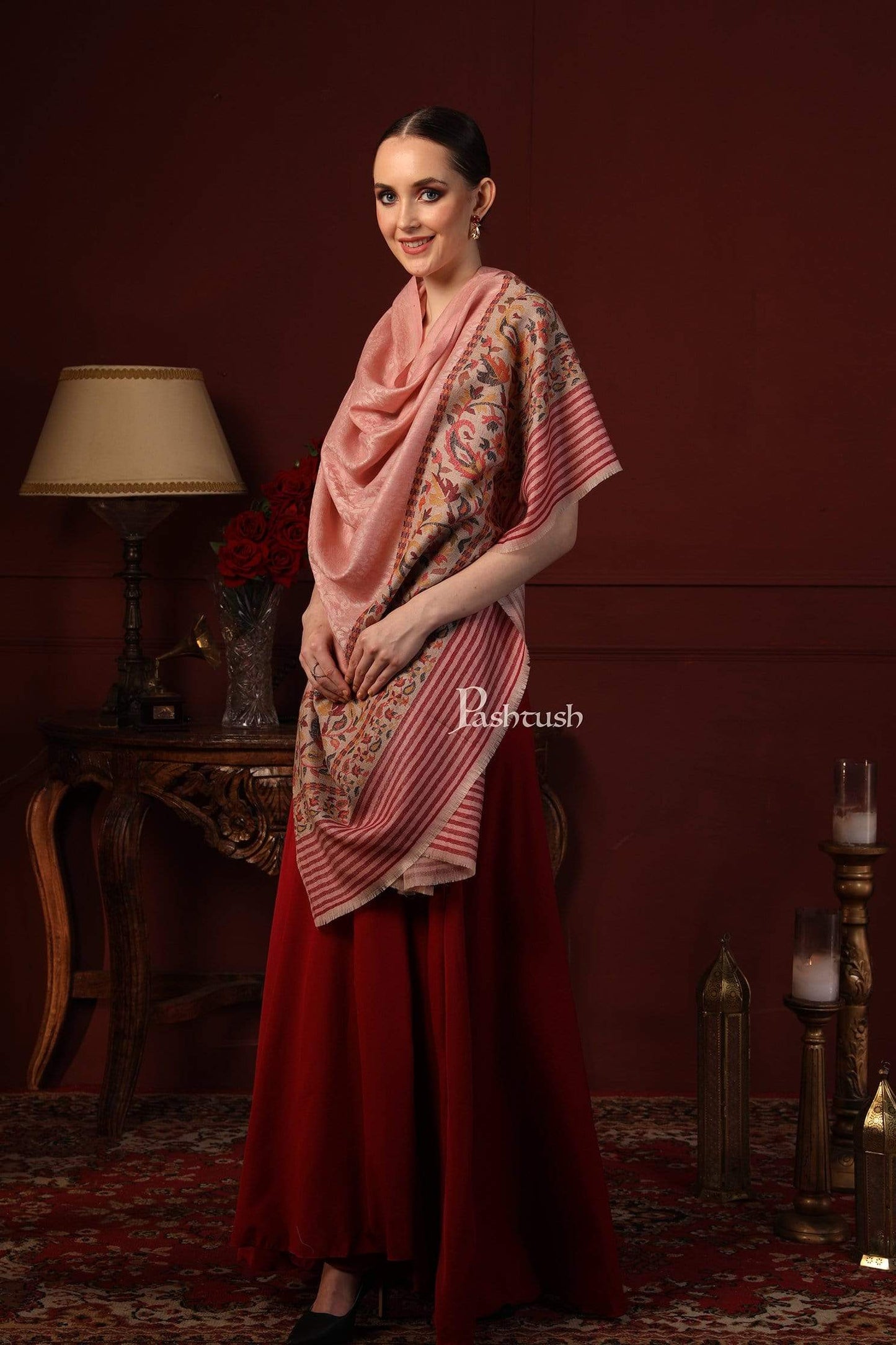 Pashtush India 100x200 Pashtush Women's Soft Wool Cashmere Blended Shawl, Kaani Palla, Blush Pink