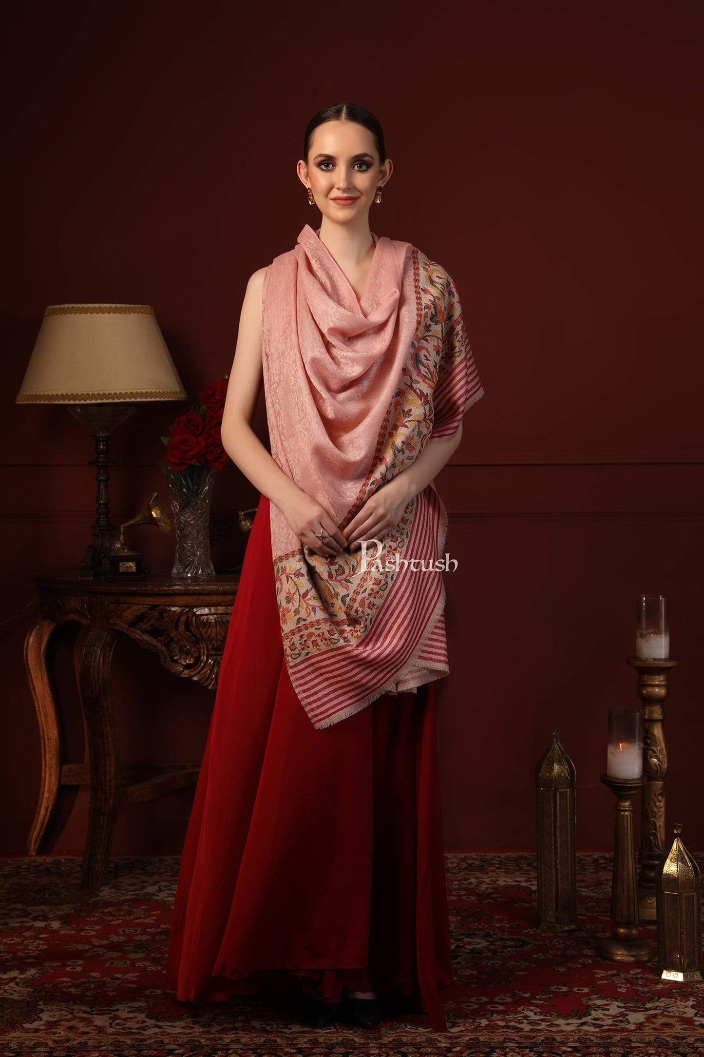 Pashtush India 100x200 Pashtush Women's Soft Wool Cashmere Blended Shawl, Kaani Palla, Blush Pink